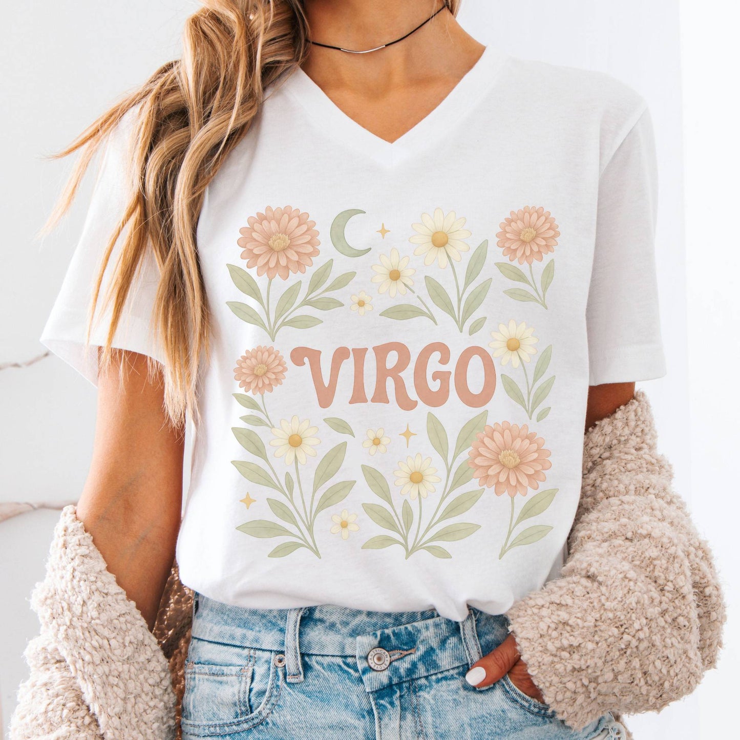 V-neck S / White Virgo V-Neck T-Shirt – Retro Zodiac Floral Tee The Mystic Eden