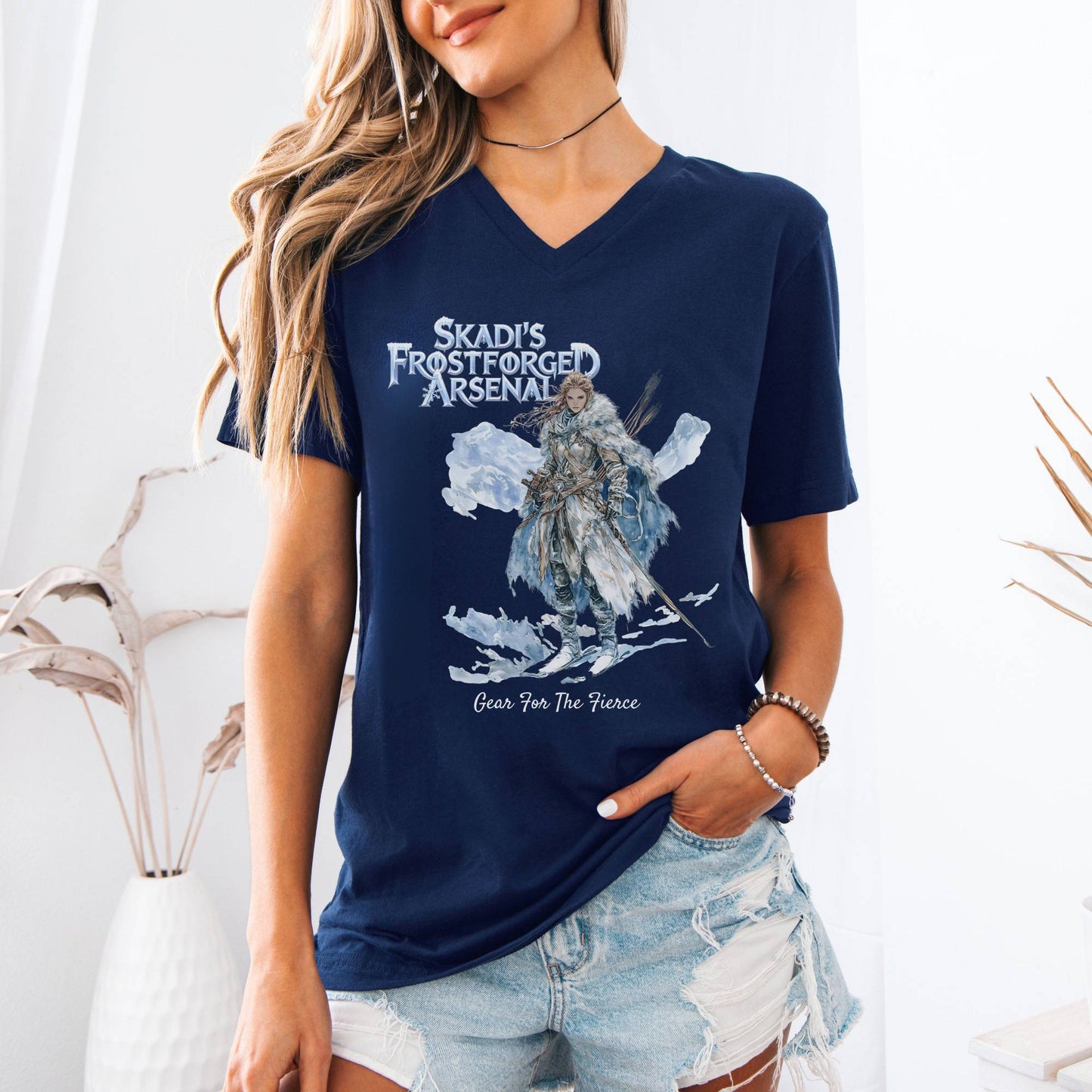 V-neck Skadi's Frostforged Arsenal Norse Mythology V-Neck Tee The Mystic Eden