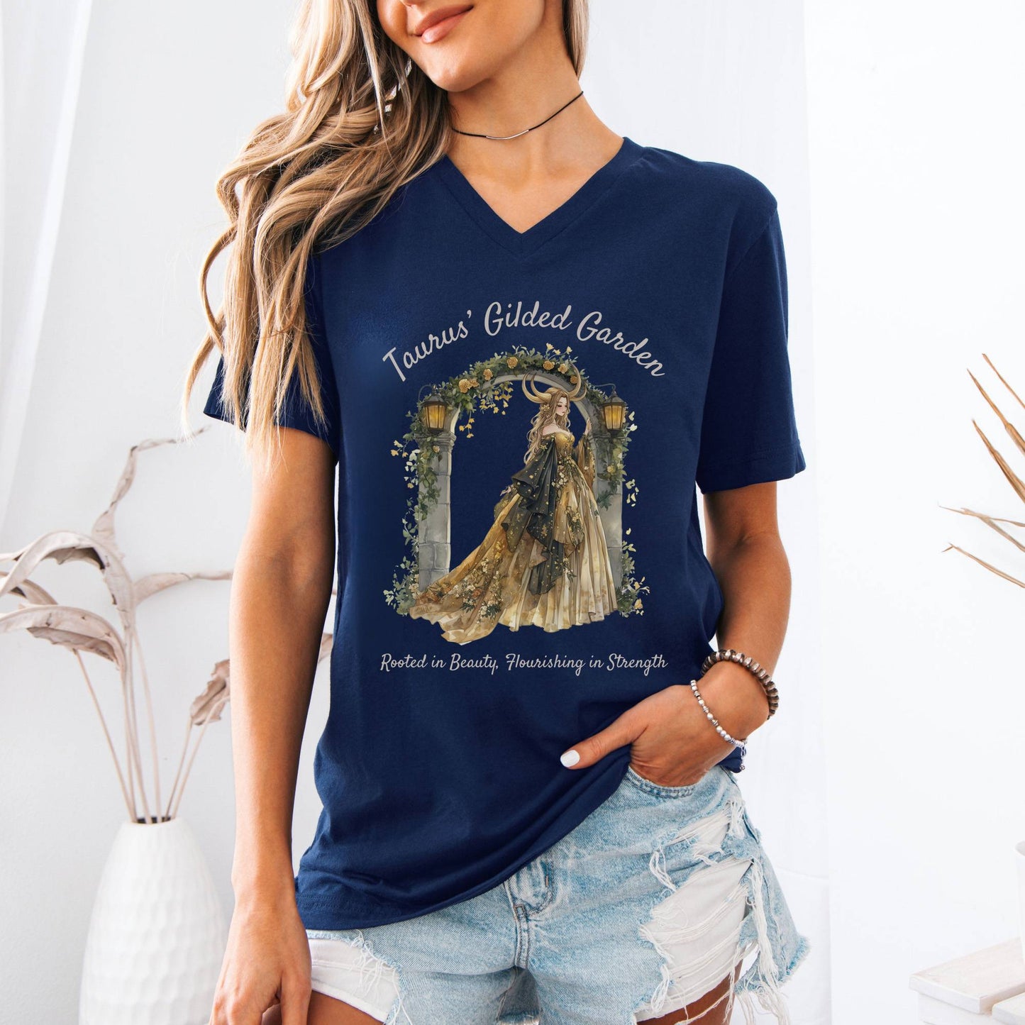 V-neck Taurus' Gilded Garden Zodiac V-Neck Tee The Mystic Eden
