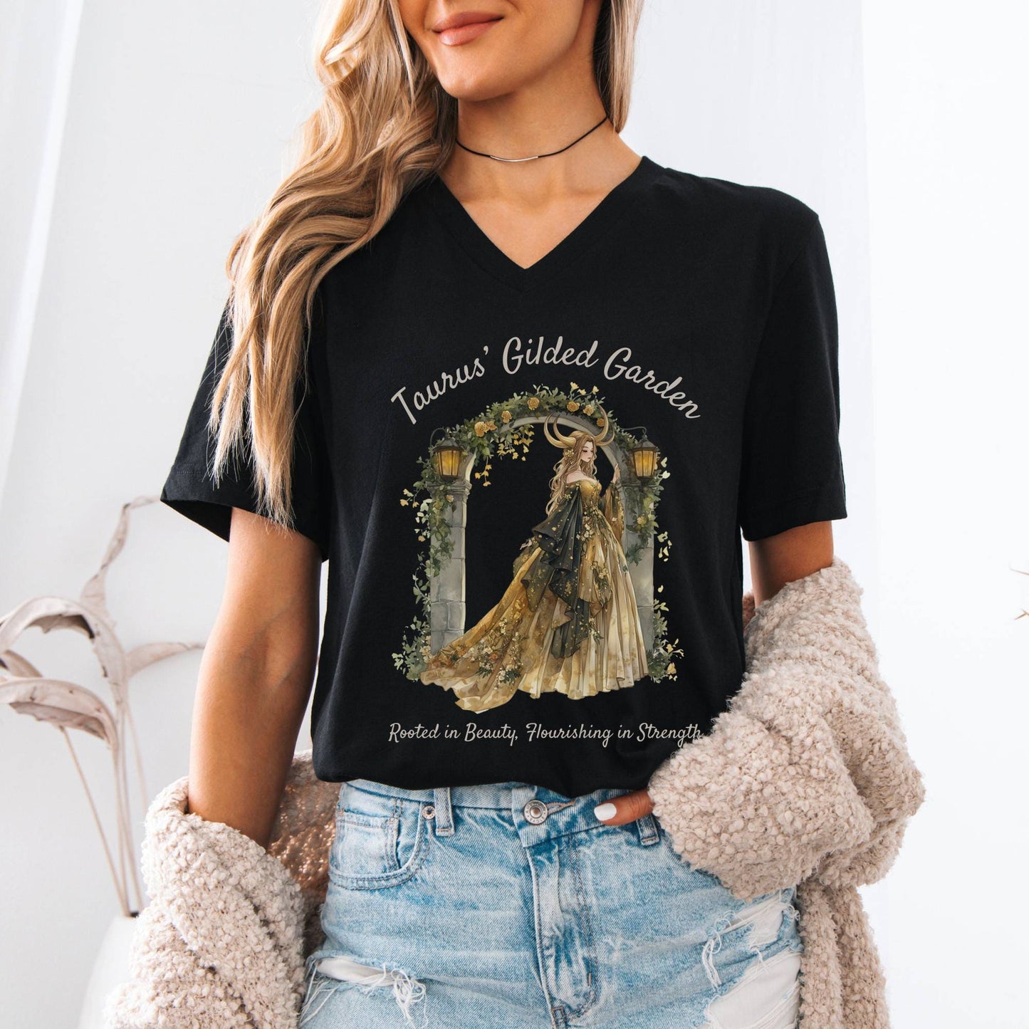 V-neck Taurus' Gilded Garden Zodiac V-Neck Tee The Mystic Eden