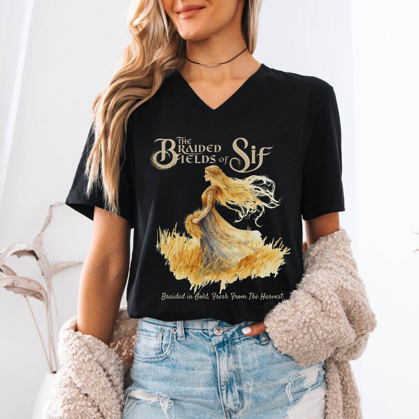V-neck The Braided Fields of Sif Norse Mythology V-Neck Tee The Mystic Eden