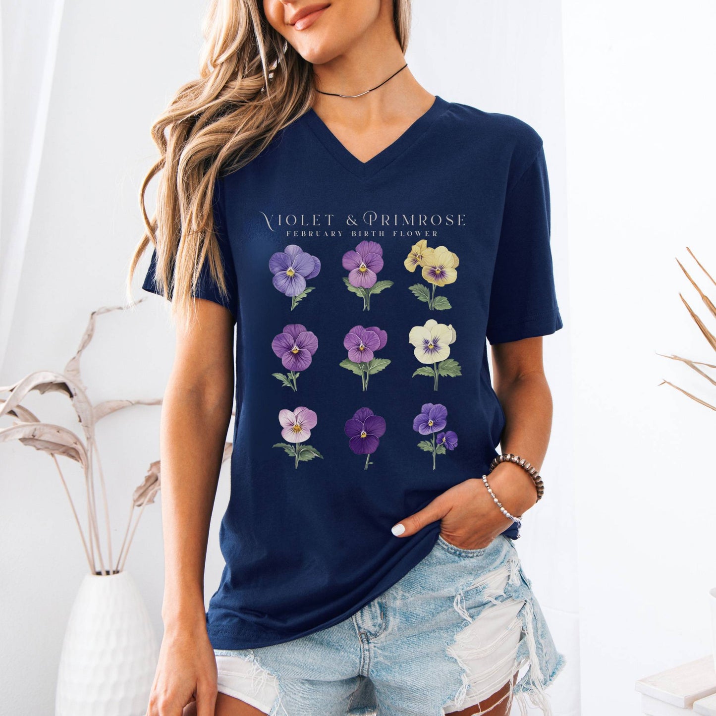 V-neck Violet & Primrose February Birth Month Flower V-Neck Tee The Mystic Eden