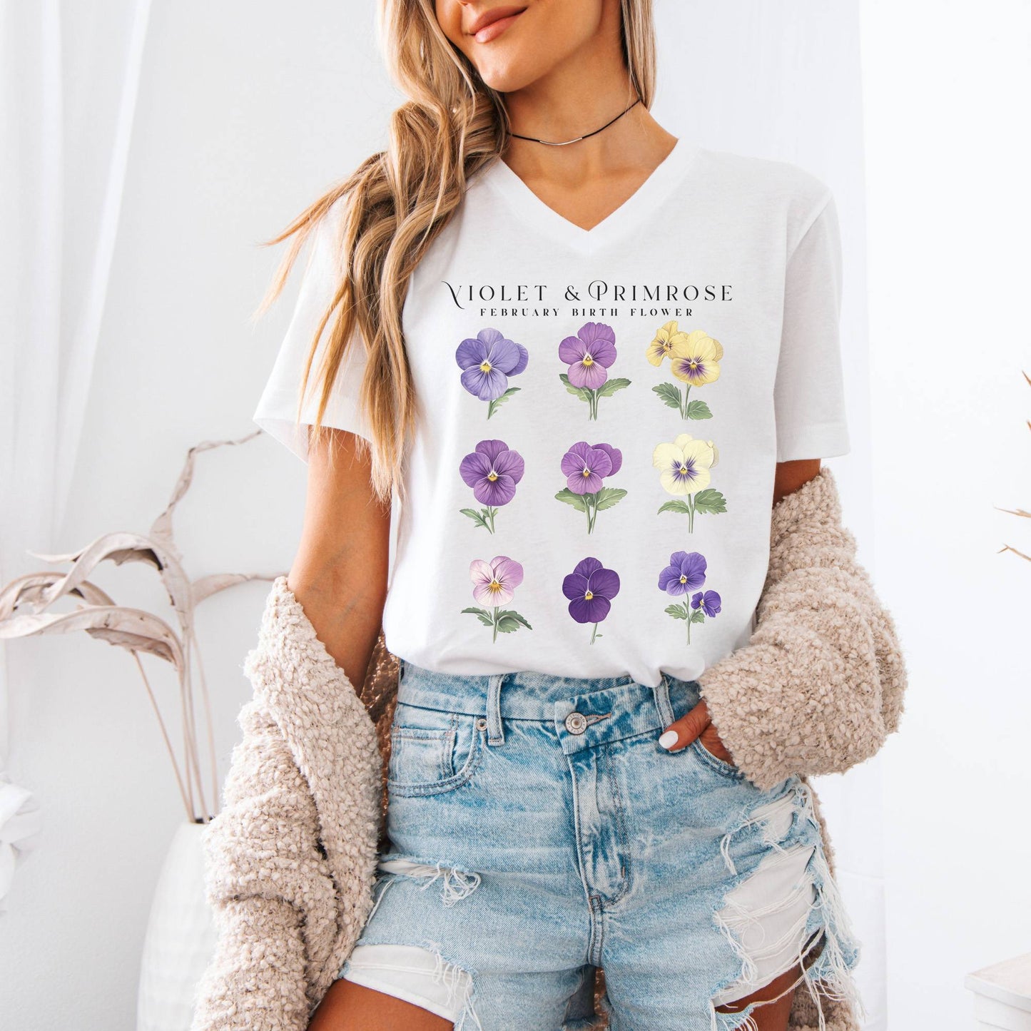 V-neck Violet & Primrose February Birth Month Flower V-Neck Tee The Mystic Eden