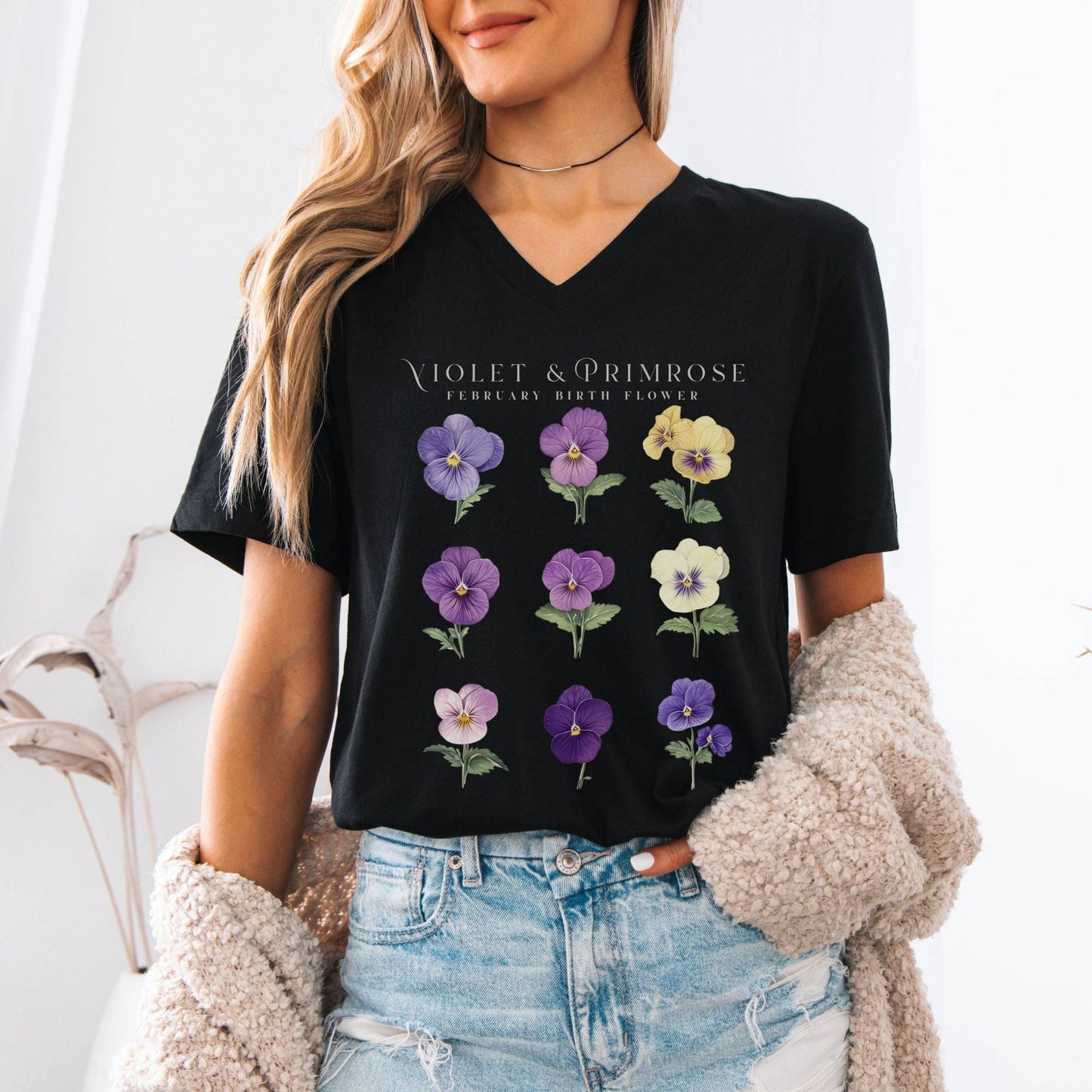 V-neck Violet & Primrose February Birth Month Flower V-Neck Tee The Mystic Eden