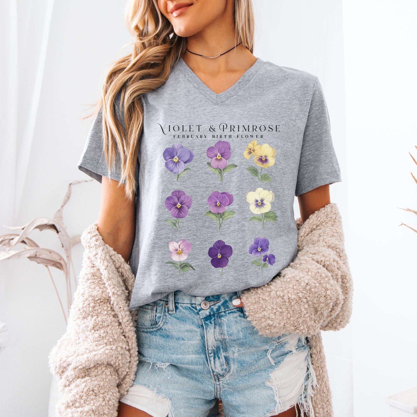 V-neck Violet & Primrose February Birth Month Flower V-Neck Tee The Mystic Eden