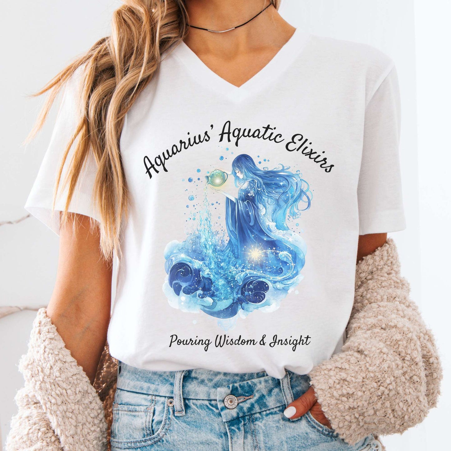 V-neck White / S Aquarius' Aquatic Elixirs Zodiac V-Neck Tee The Mystic Eden