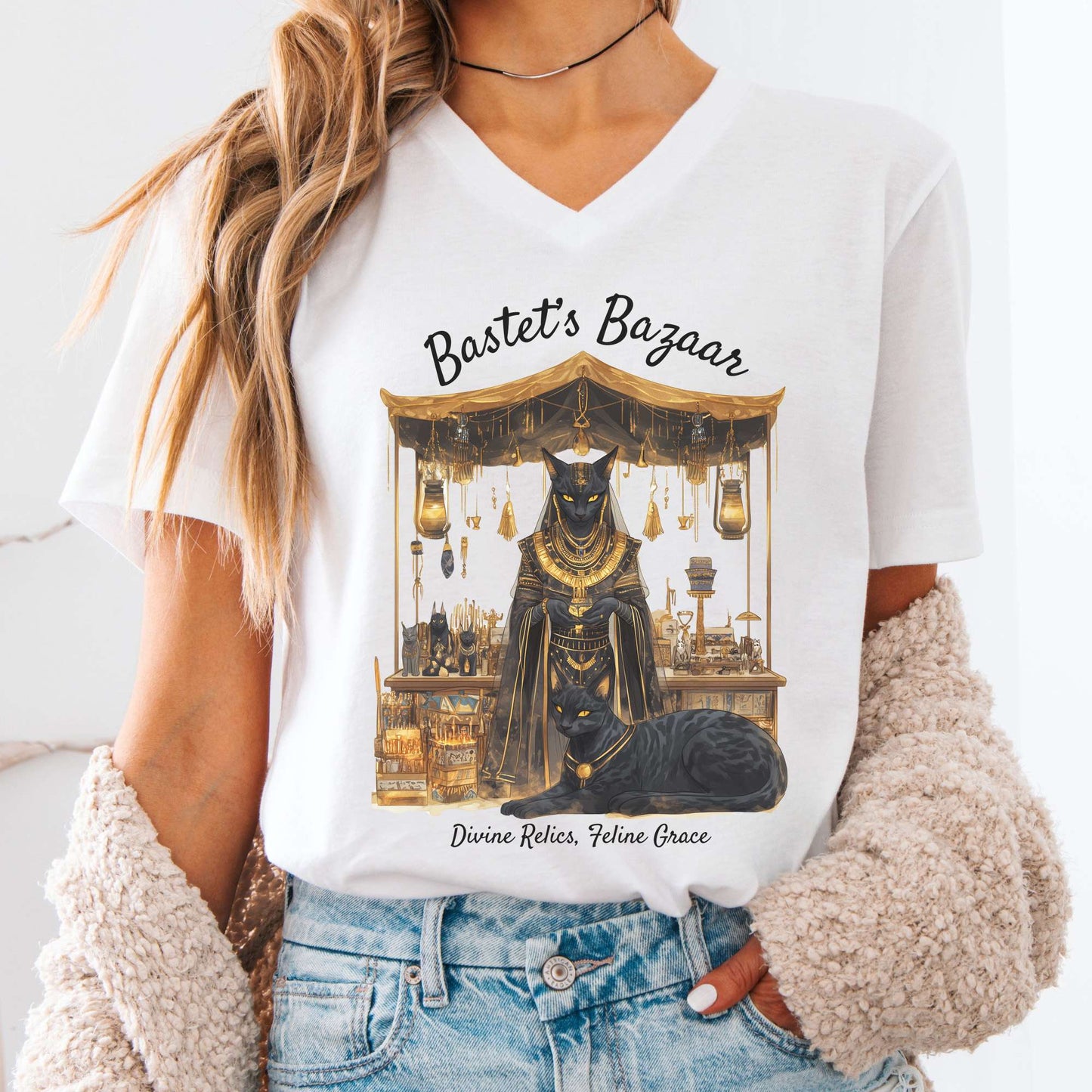 V-neck White / S Bastet's Bazaar Goddess V-Neck Tee The Mystic Eden