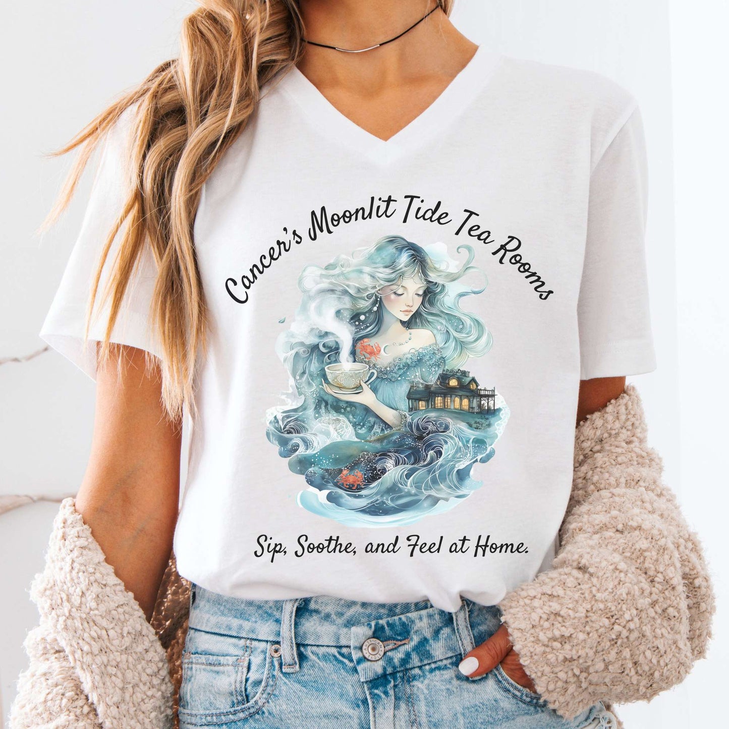 V-neck White / S Cancer's Moonlit Tide Tea Rooms Zodiac V-Neck Tee The Mystic Eden