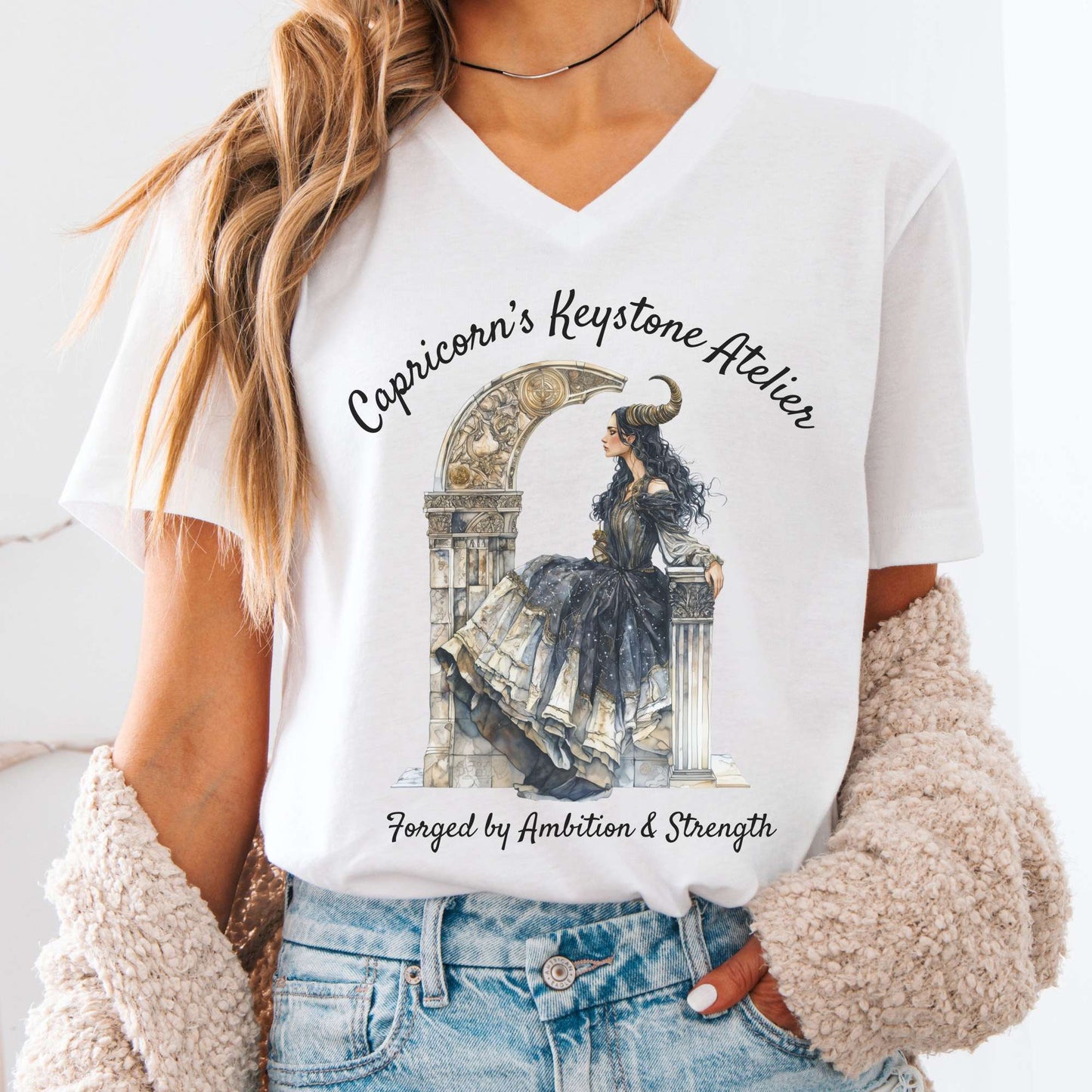 V-neck White / S Capricorn's Keystone Atelier Zodiac V-Neck Tee The Mystic Eden