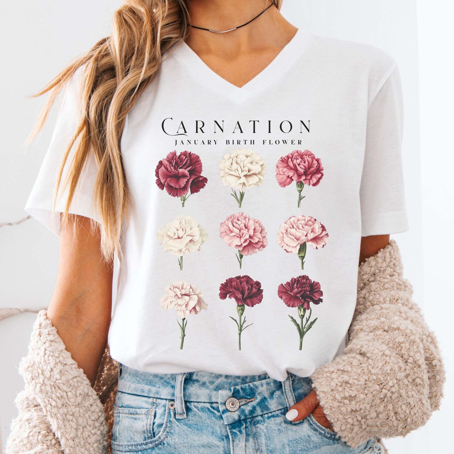 V-neck White / S Carnation January Birth Month Flower V-Neck Tee The Mystic Eden