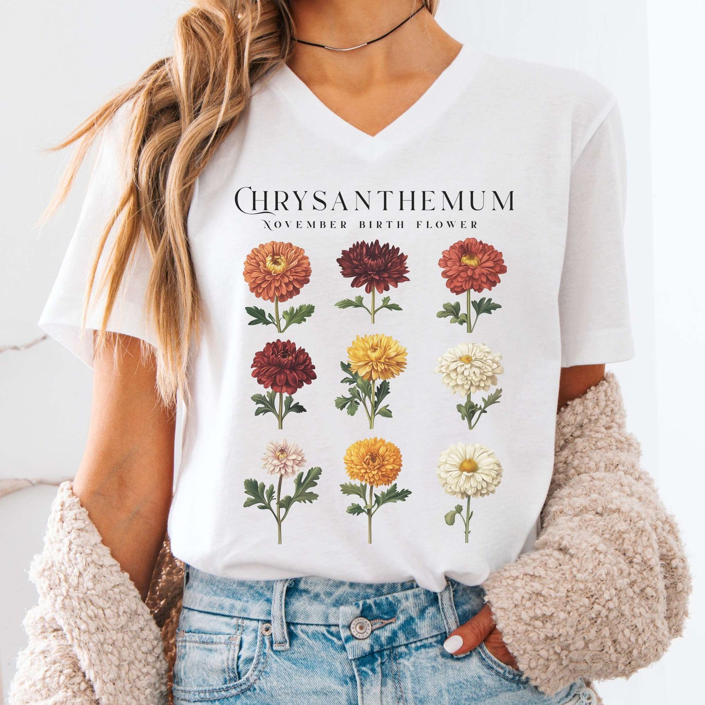 V-neck White / S Chrysanthemum November Birth Month Flower V-Neck Tee The Mystic Eden