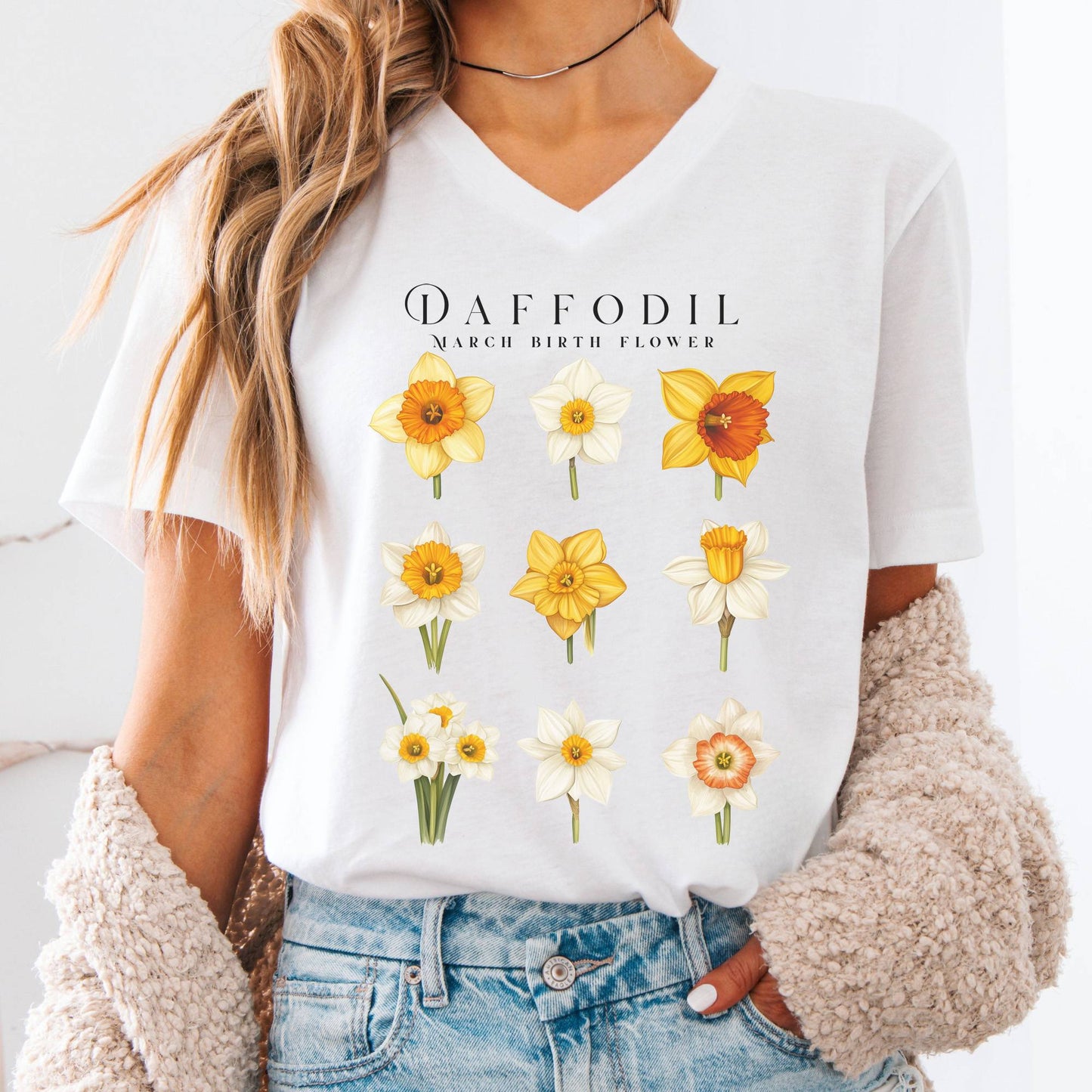 V-neck White / S Daffodil March Birth Month Flower V-Neck Tee The Mystic Eden