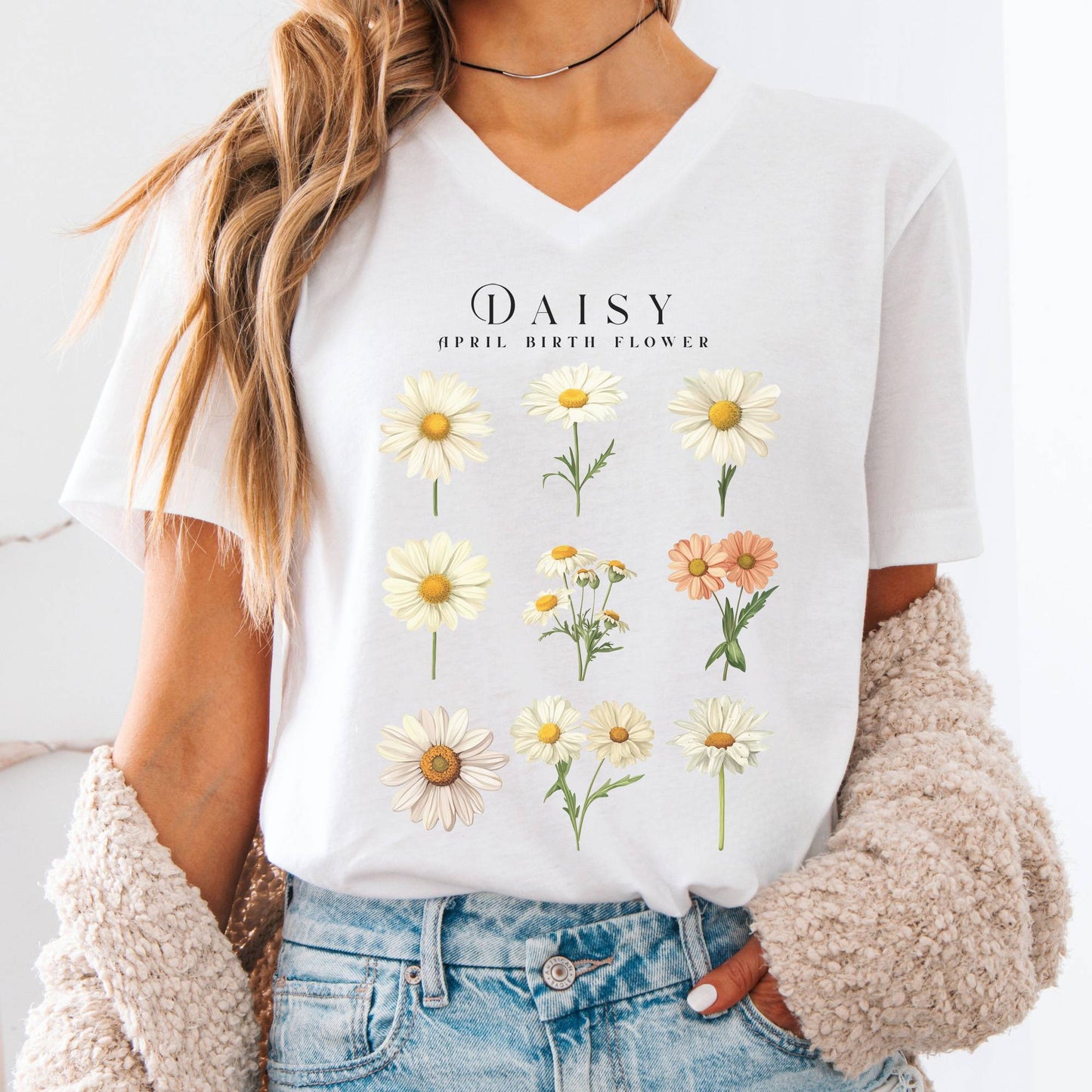 V-neck White / S Daisy April Birth Month Flower V-Neck Tee The Mystic Eden