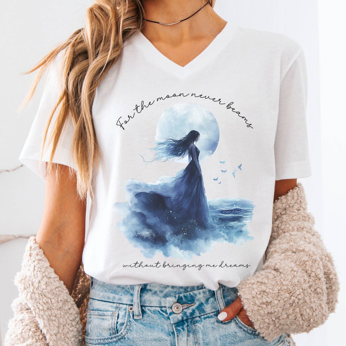 V-neck White / S For The Moon Never Beams Without Giving Me Dreams Edgar Allan Poe V-Neck Tee The Mystic Eden