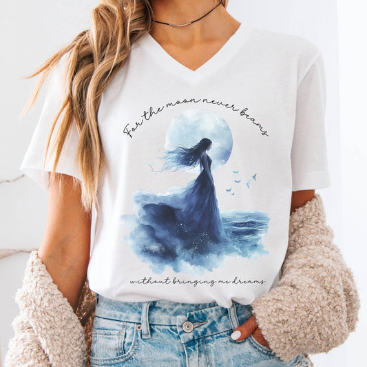 V-neck White / S For The Moon Never Beams Without Giving Me Dreams Edgar Allan Poe V-Neck Tee The Mystic Eden