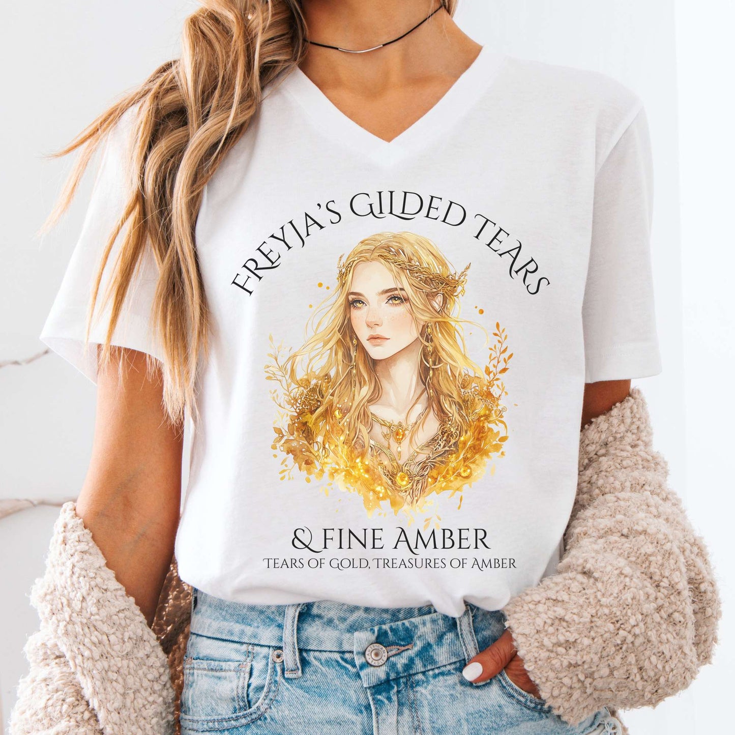 V-neck White / S Freyja's Gilded Tears & Fine Amber V-Neck Tee The Mystic Eden