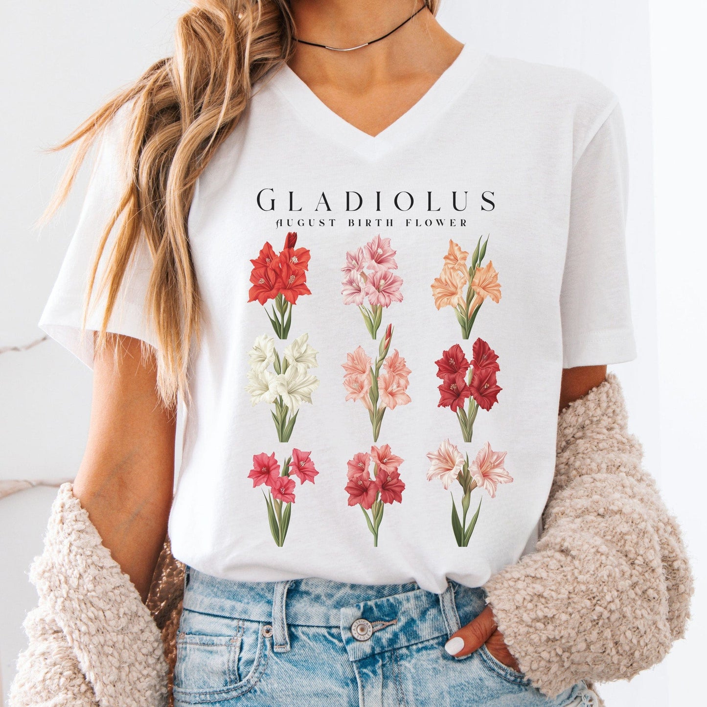 V-neck White / S Galdiolus August Birth Month Flower V-Neck Tee The Mystic Eden