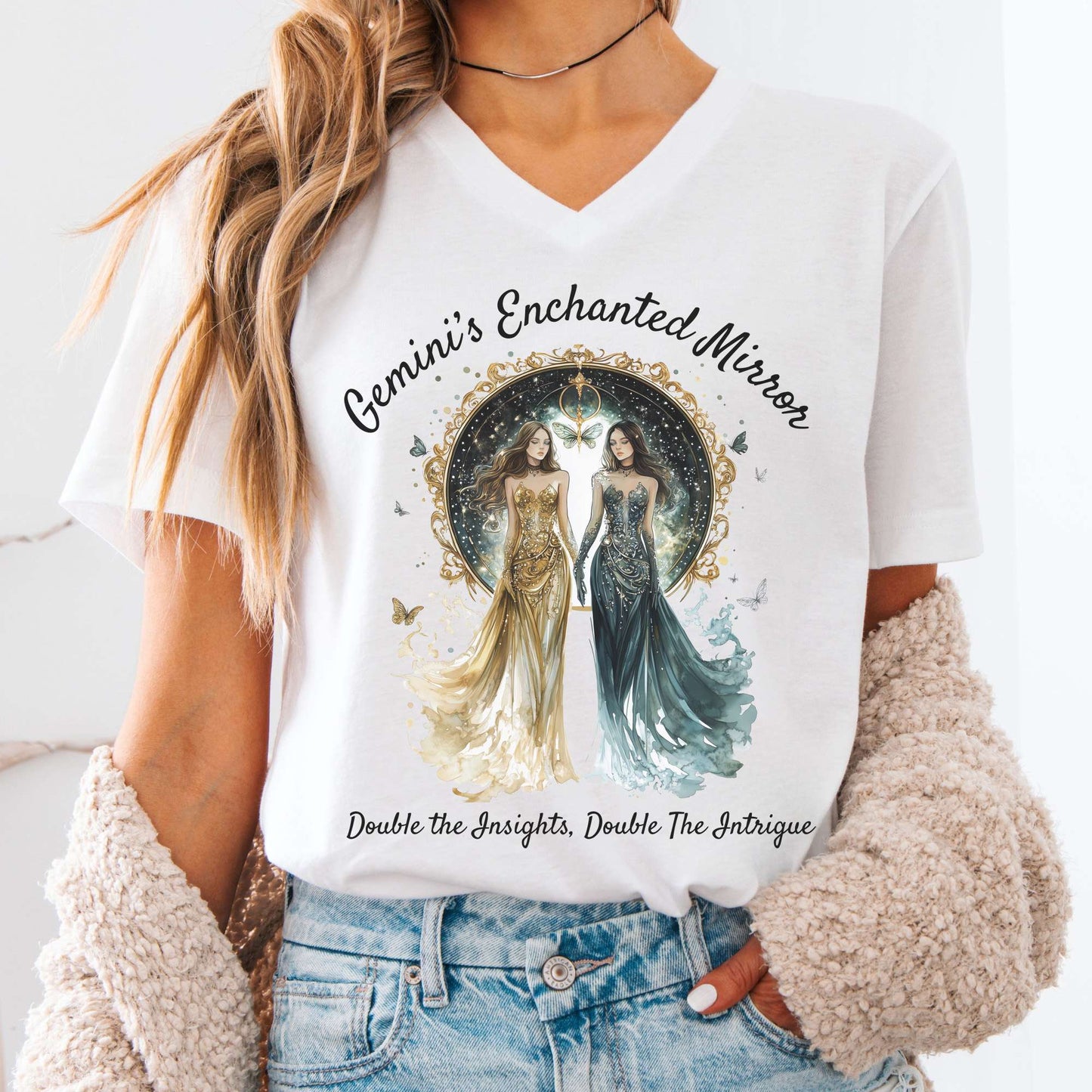 V-neck White / S Gemini's Enchanted Mirror Zodiac V-Neck Tee The Mystic Eden