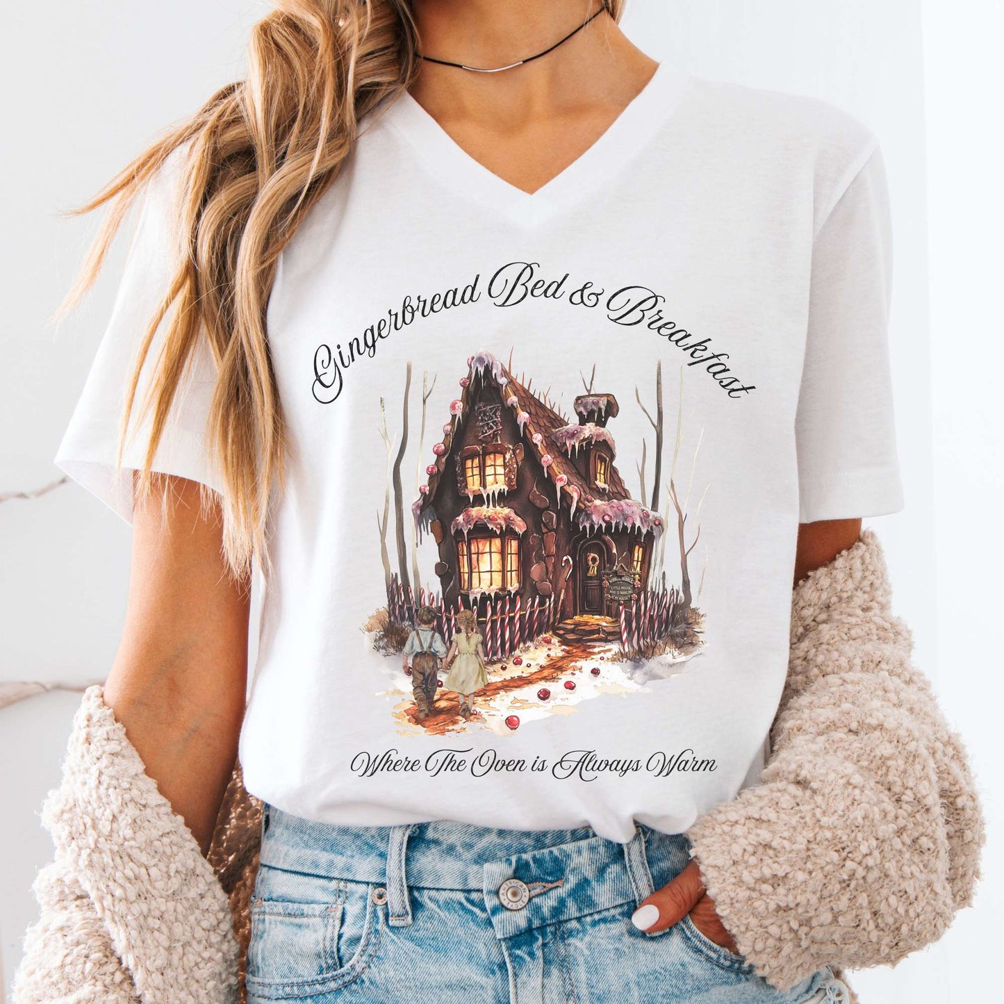 V-neck White / S Gingerbread Bed & Breakfast Hansel & Gretel Fairytale V-Neck Tee The Mystic Eden