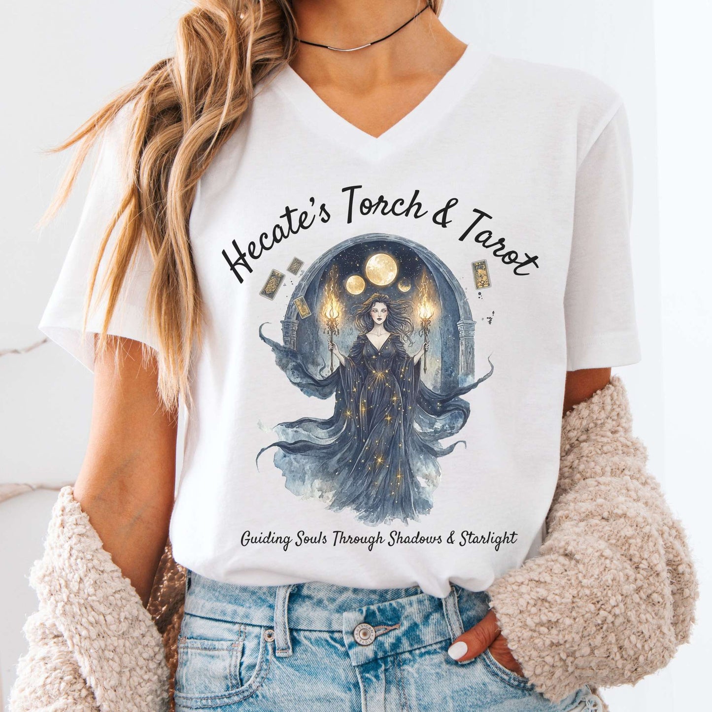 V-neck White / S Hecate's Torch & Tarot V-Neck Tee The Mystic Eden
