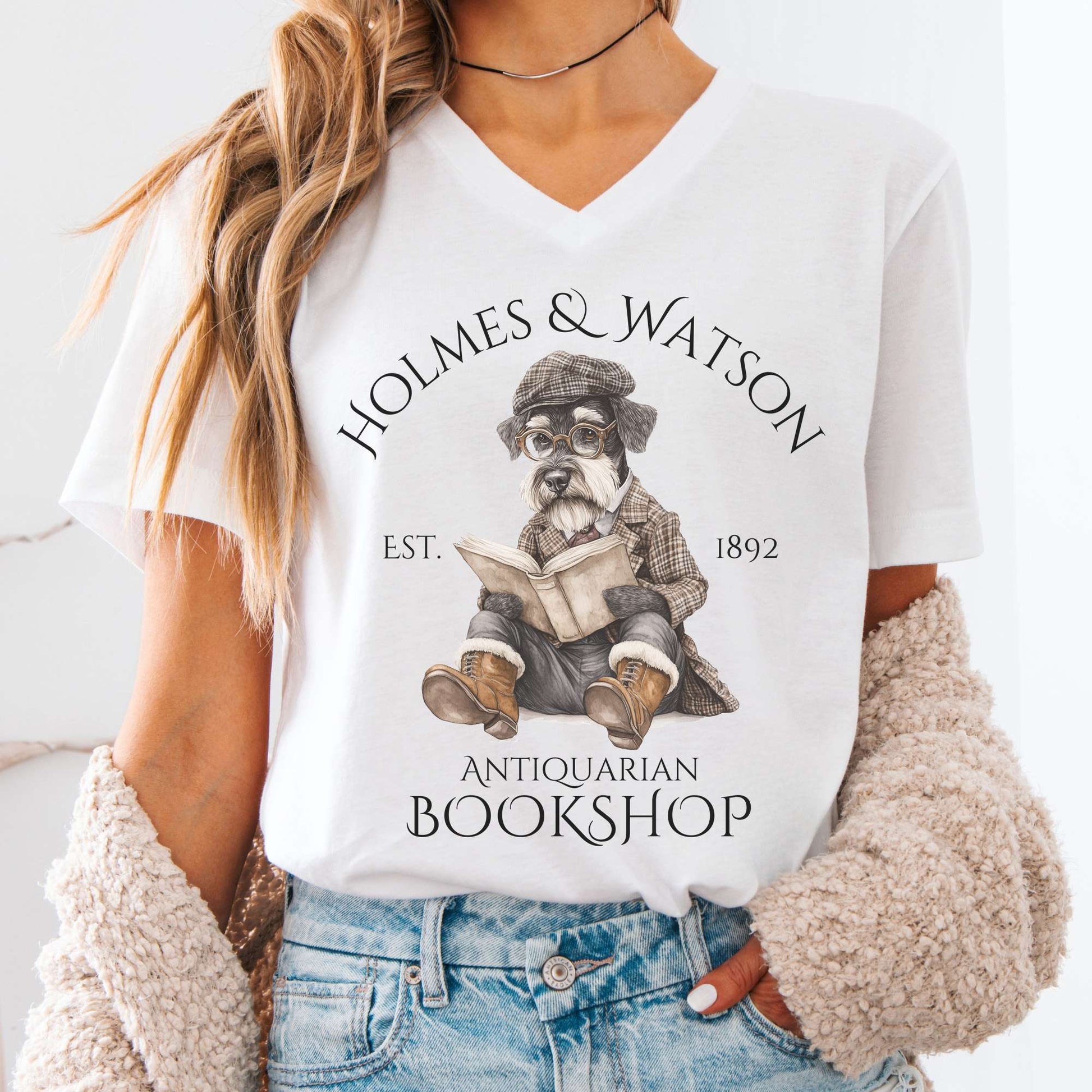 V-neck White / S Holmes & Watson Antiquarian Bookshop Dog Sherlock V-Neck Tee The Mystic Eden