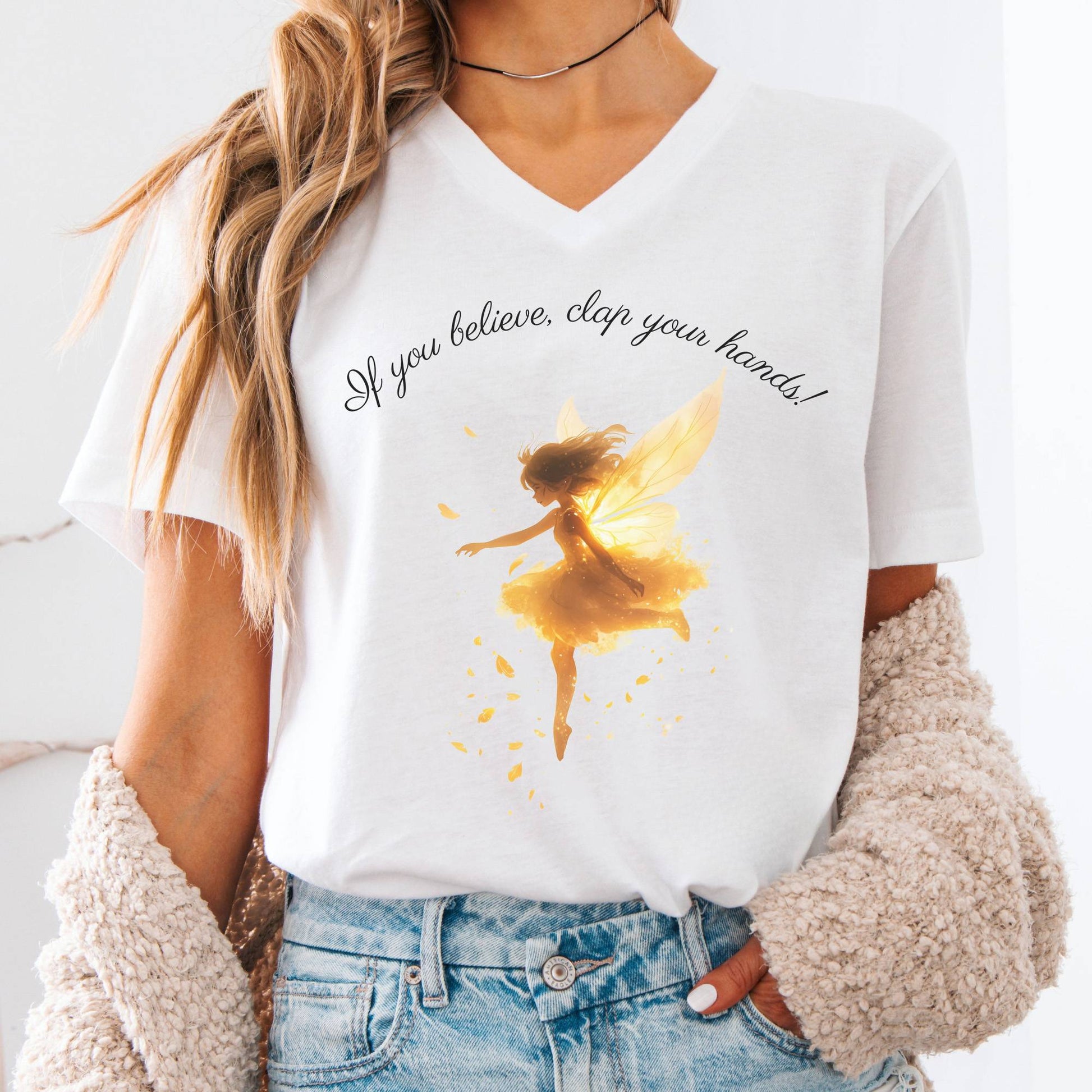V-neck White / S If You Believe Clap Your Hands J M Barrie's Peter Pan V-Neck Tee The Mystic Eden