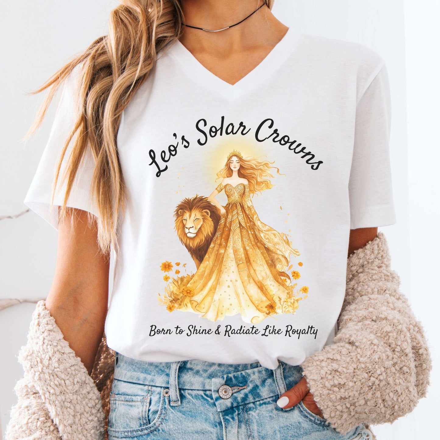 V-neck White / S Leo's Solar Crowns Zodiac V-Neck Tee The Mystic Eden