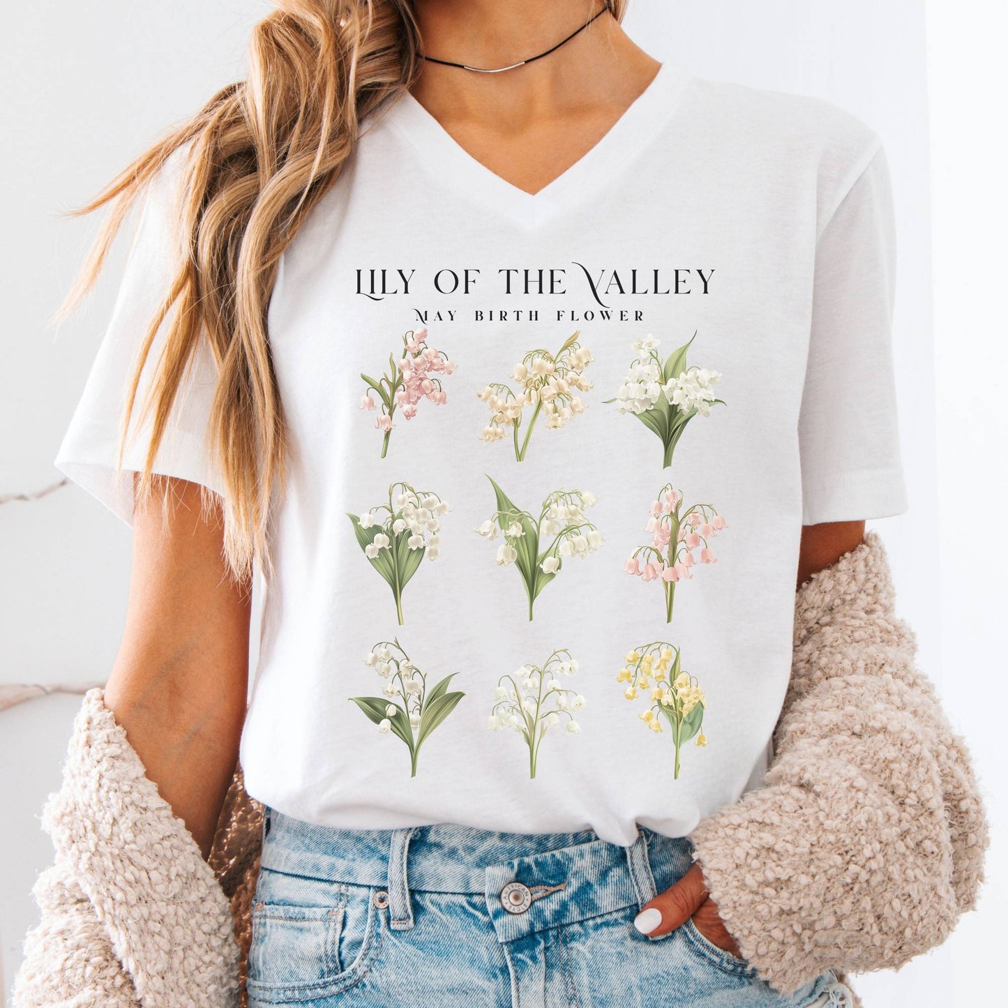 V-neck White / S Lily of The Valley May Birth Month Flower V-Neck Tee The Mystic Eden