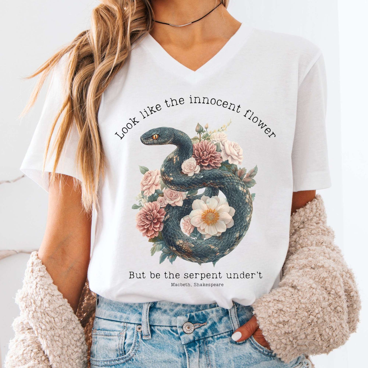 V-neck White / S Look Like The Innocent Flower But Be The Serpent Under't Shakespeare V-Neck Tee The Mystic Eden