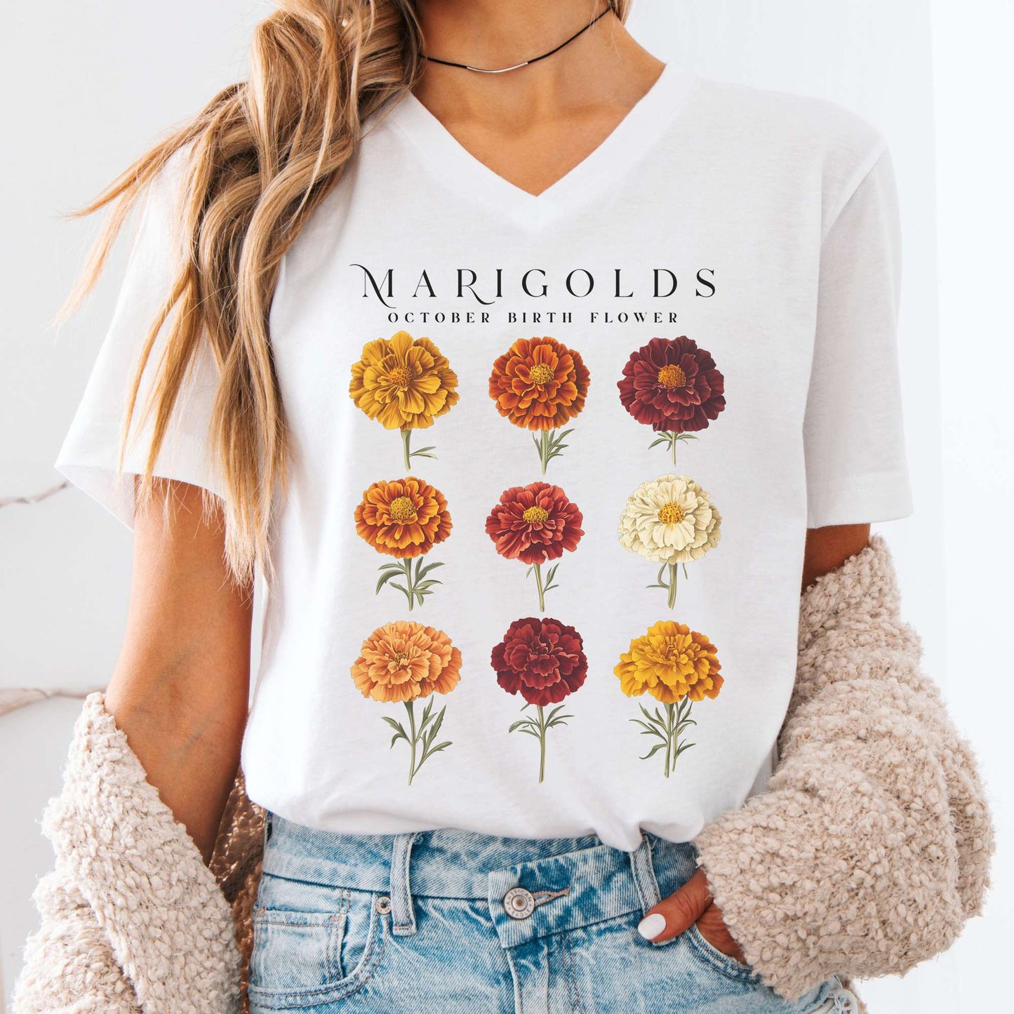 V-neck White / S Marigolds October Birth Month Flower V-Neck Tee The Mystic Eden