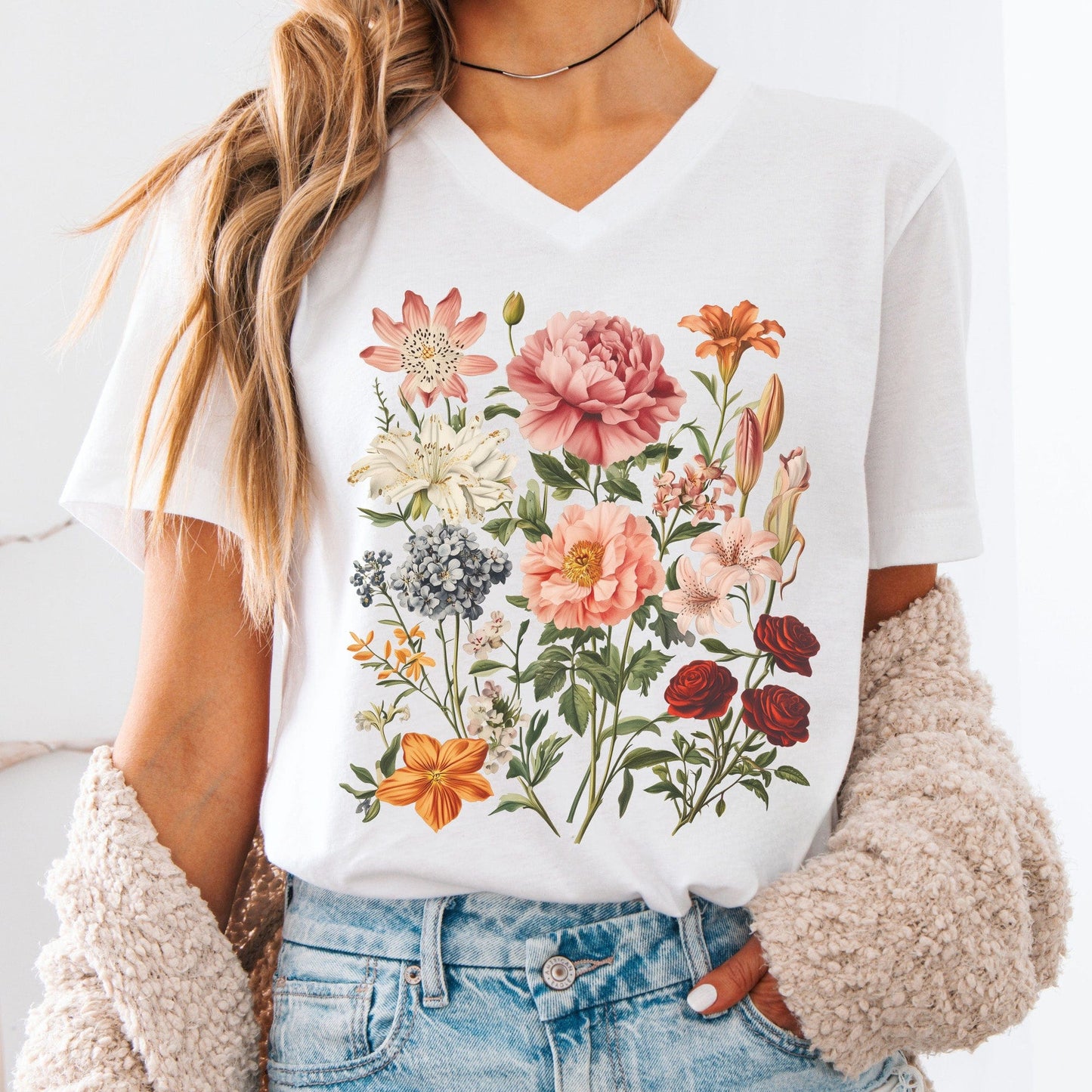 V-neck White / S Mixed Floral V-Neck Tee The Mystic Eden