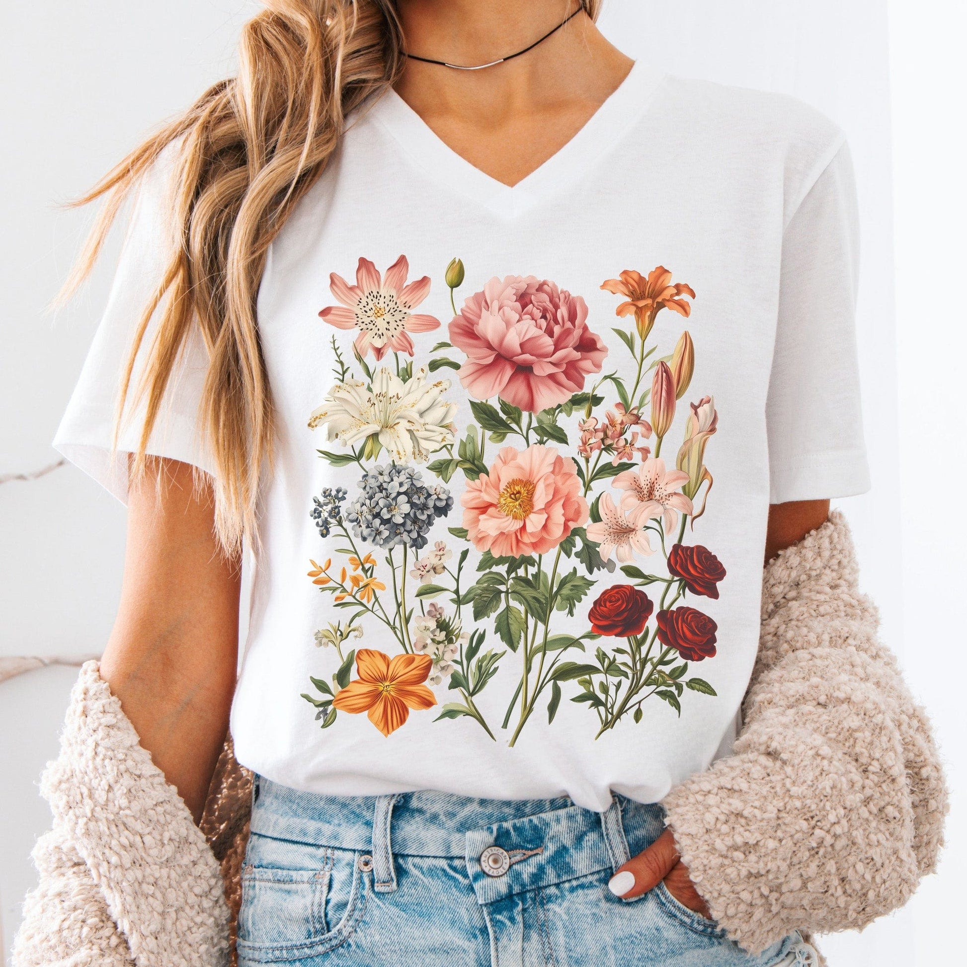 V-neck White / S Mixed Floral V-Neck Tee The Mystic Eden