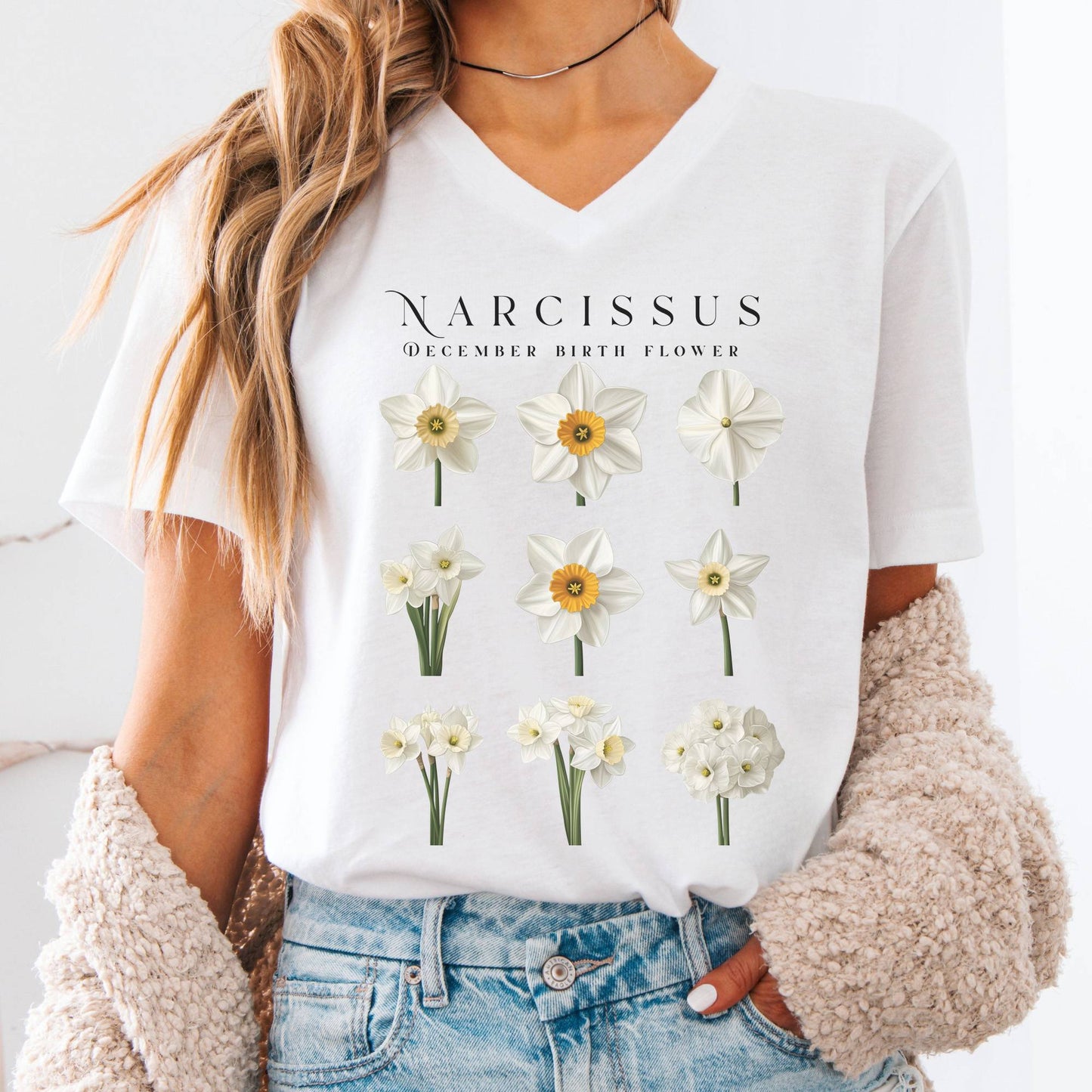 V-neck White / S Narcissus December Birth Month Flower V-Neck Tee The Mystic Eden