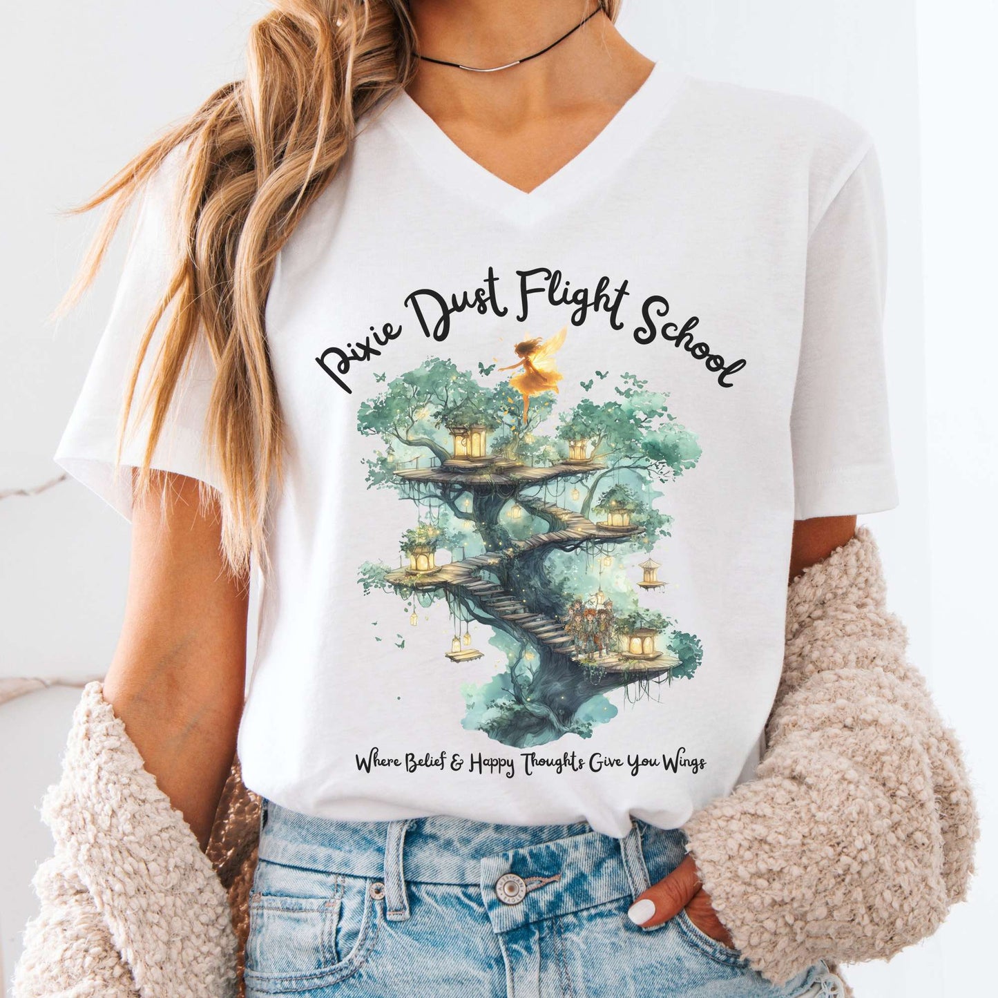 V-neck White / S Pixie Dust Flight School J M Barrie's Peter Pan V-Neck Tee The Mystic Eden
