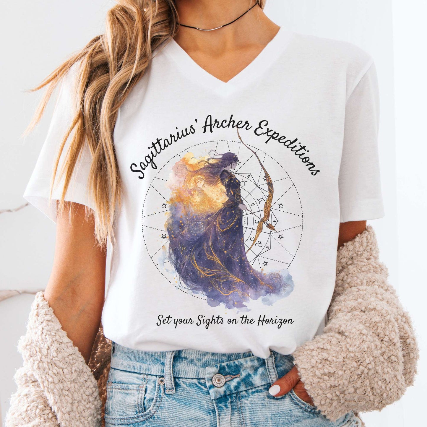 V-neck White / S Sagittarius' Archer Expeditions Zodiac V-Neck Tee The Mystic Eden