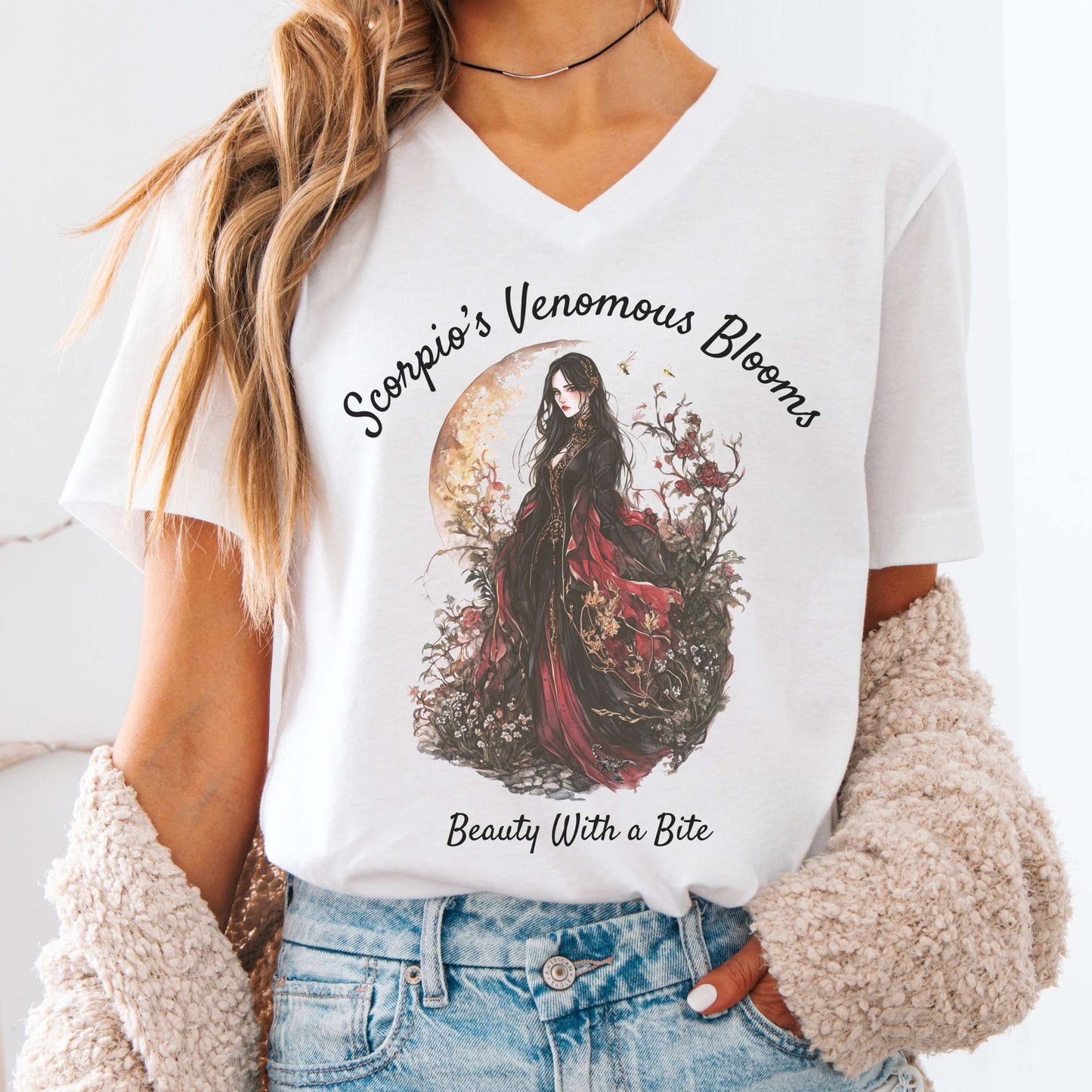 V-neck White / S Scorpio's Venomous Blooms V-Neck Tee The Mystic Eden