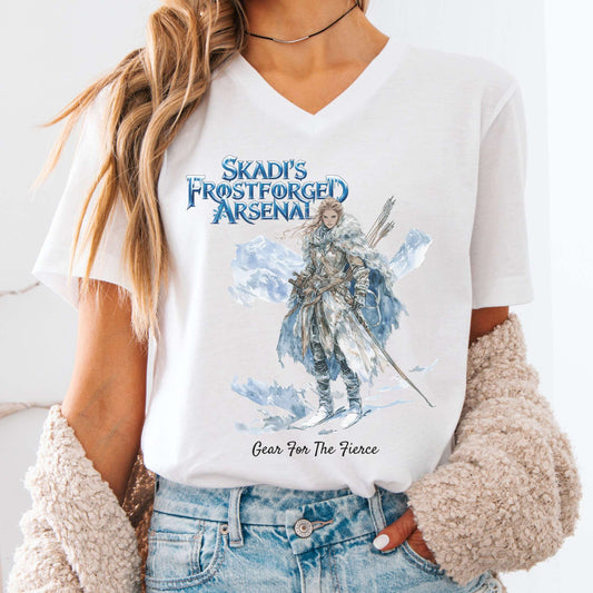 V-neck White / S Skadi's Frostforged Arsenal Norse Mythology V-Neck Tee The Mystic Eden