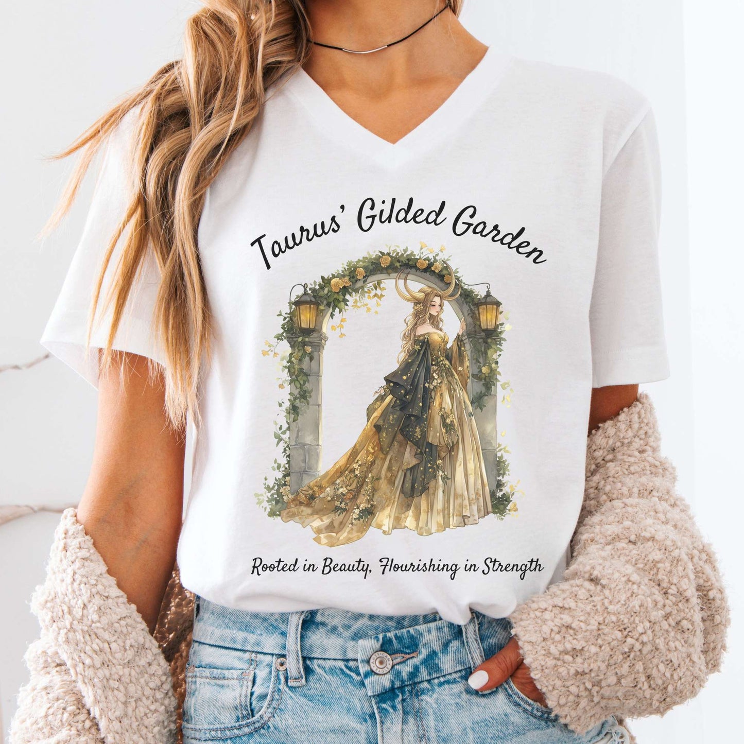 V-neck White / S Taurus' Gilded Garden Zodiac V-Neck Tee The Mystic Eden