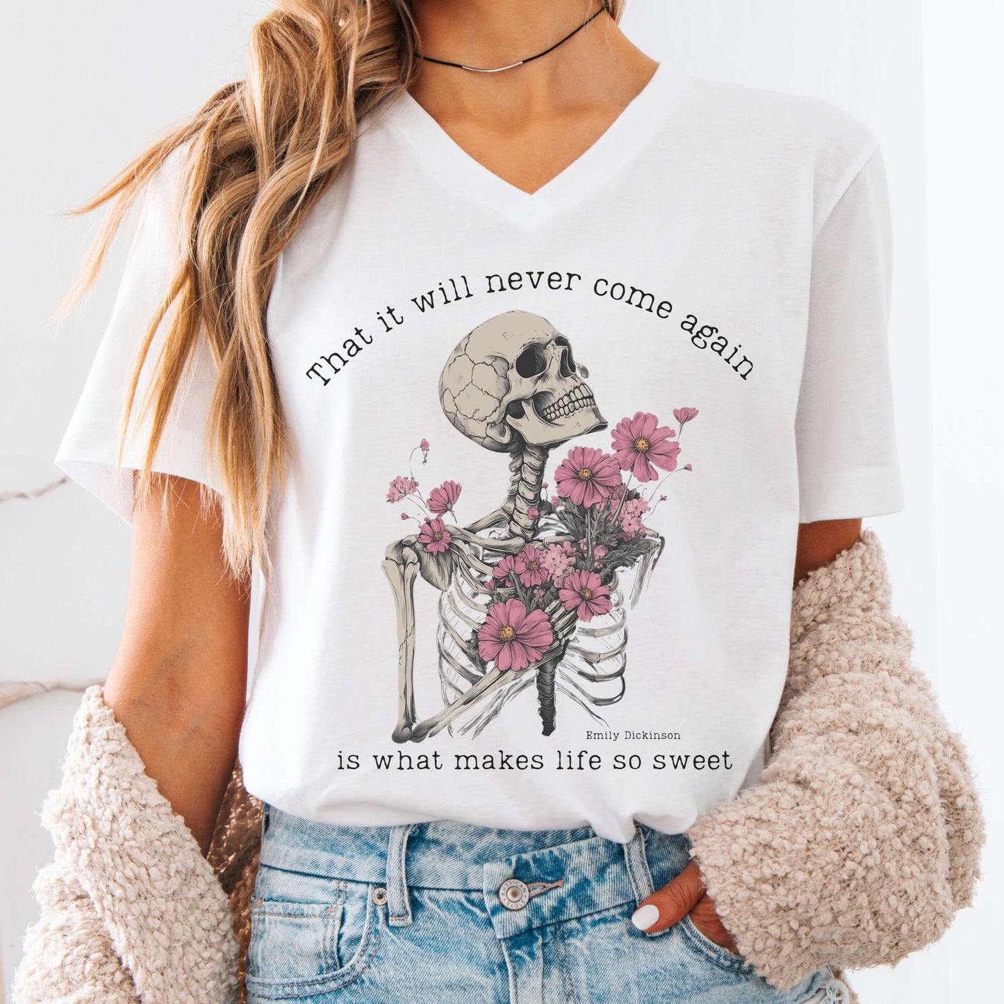 V-neck White / S That It Will Never Come Again Is What Makes Life So Sweet Emily Dickinson V-Neck Tee The Mystic Eden
