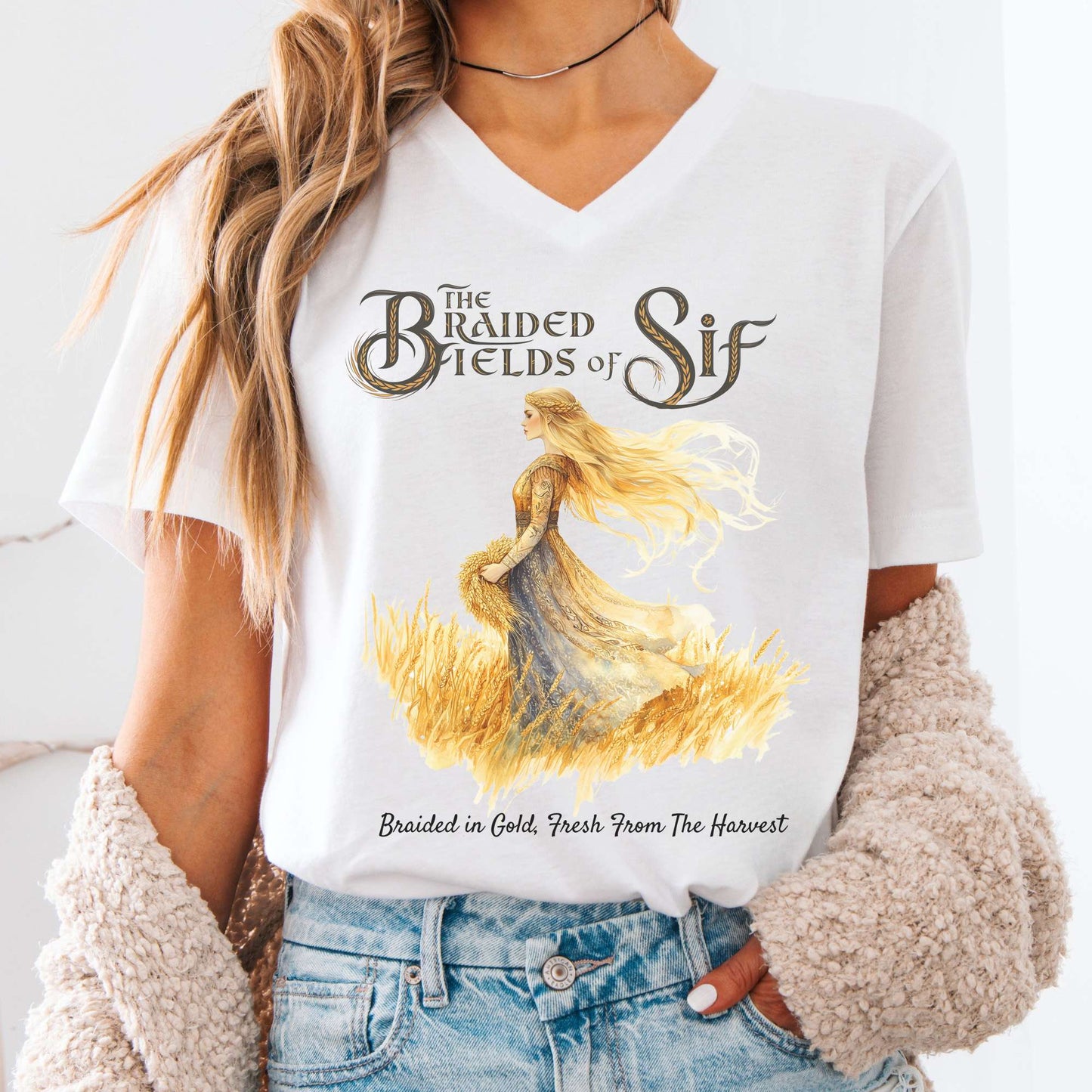 V-neck White / S The Braided Fields of Sif Norse Mythology V-Neck Tee The Mystic Eden