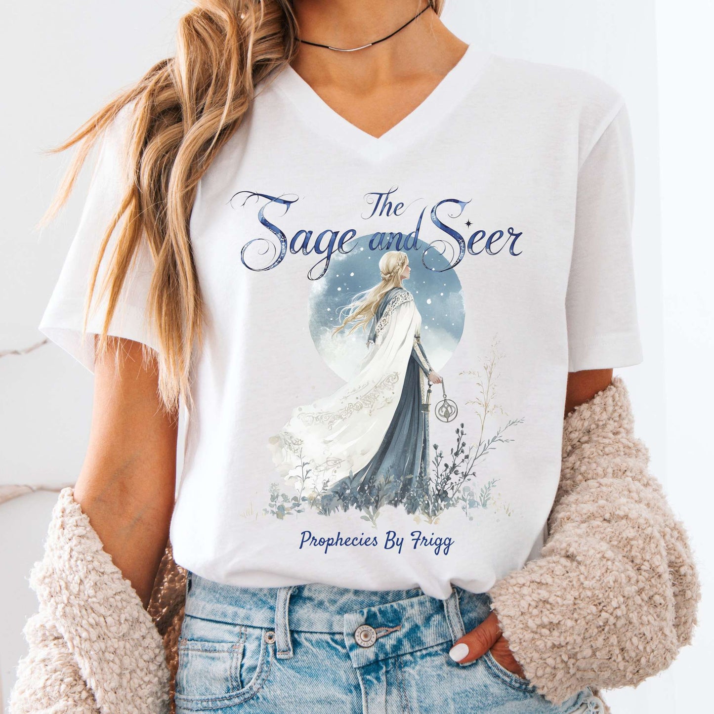 V-neck White / S The Sage & Seer Prophecies By Frigg Norse Mythology V-Neck Tee The Mystic Eden