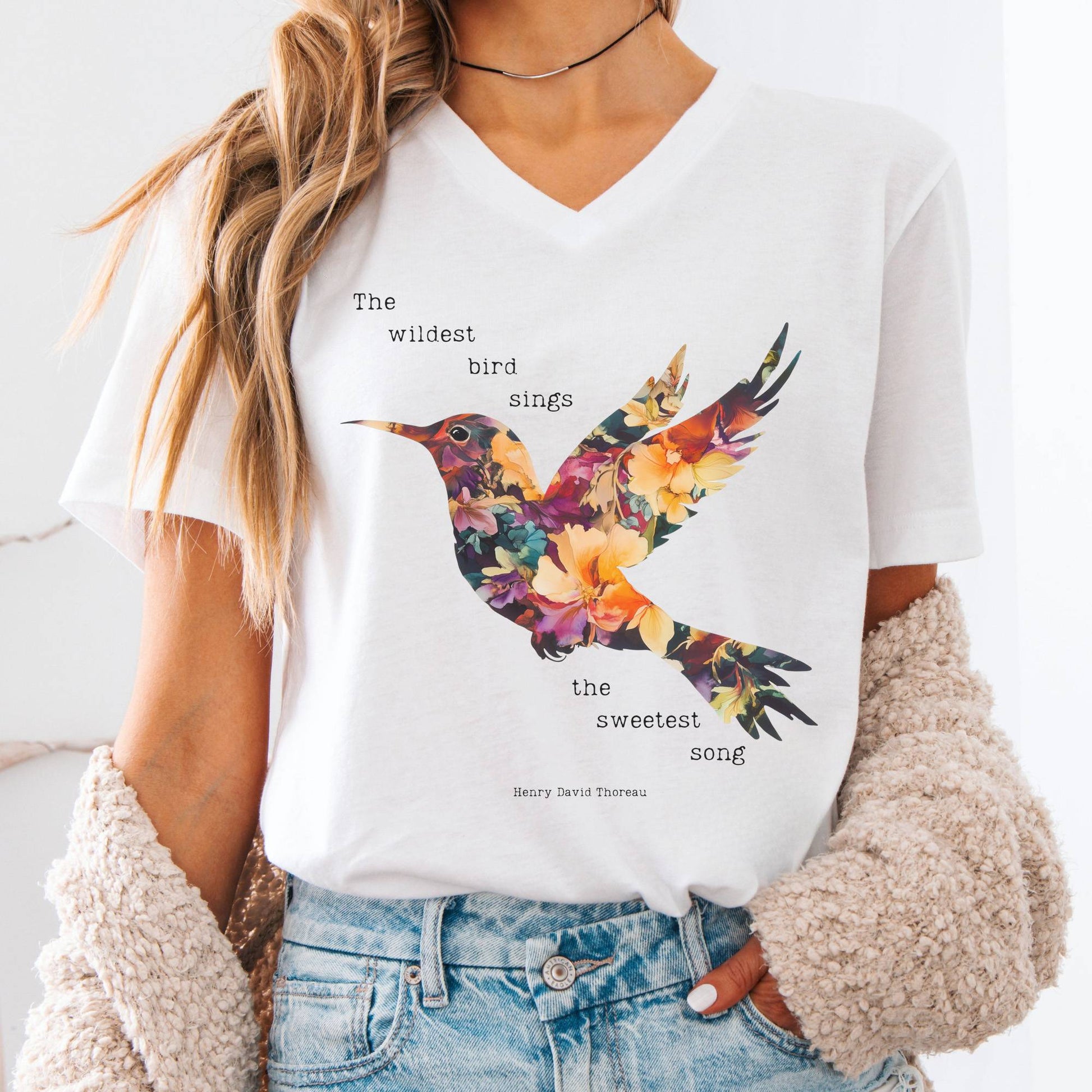 V-neck White / S Thoreau V-neck Shirt Where The Wildest Bird Sings The Mystic Eden