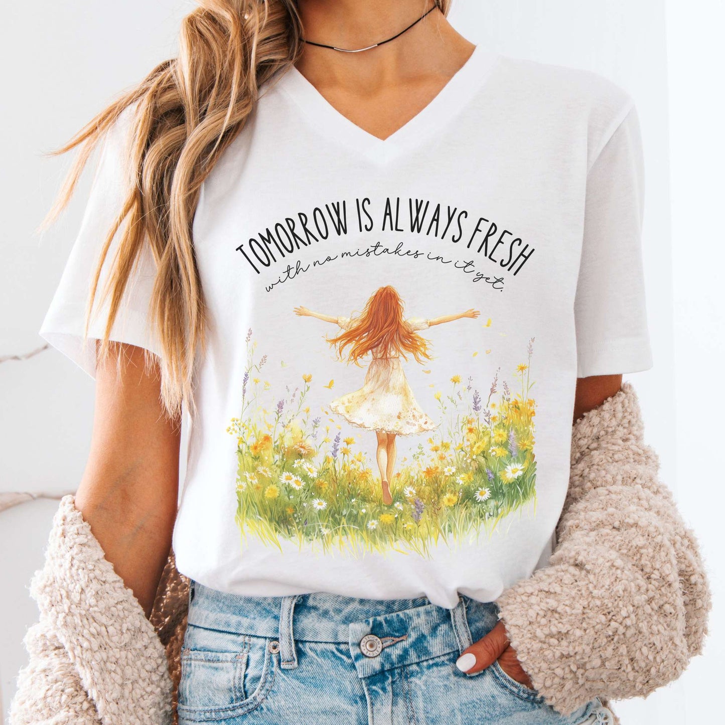 V-neck White / S Tomorrow Is Always Fresh With No Mistakes In It yet Anne Of Green Gables V-Neck Tee The Mystic Eden