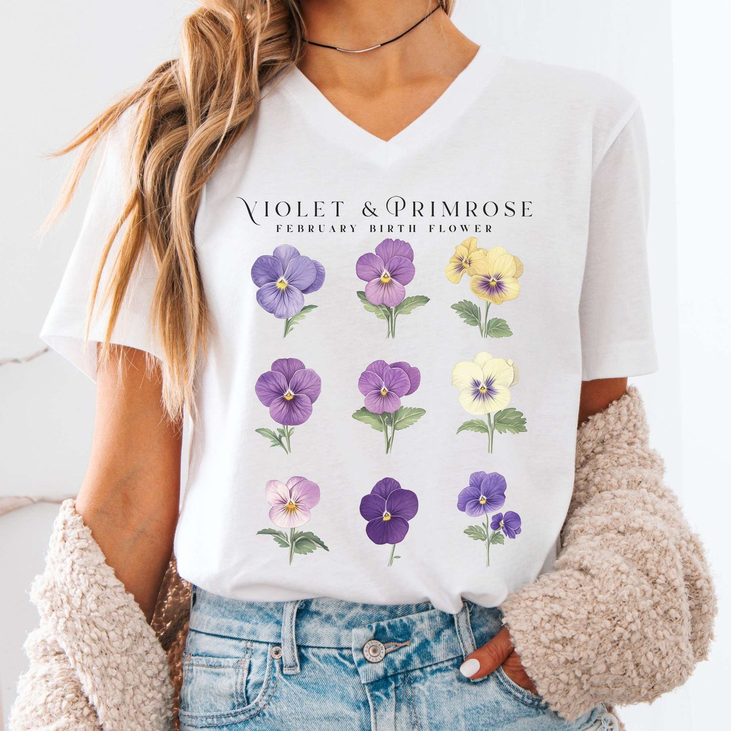 V-neck White / S Violet & Primrose February Birth Month Flower V-Neck Tee The Mystic Eden