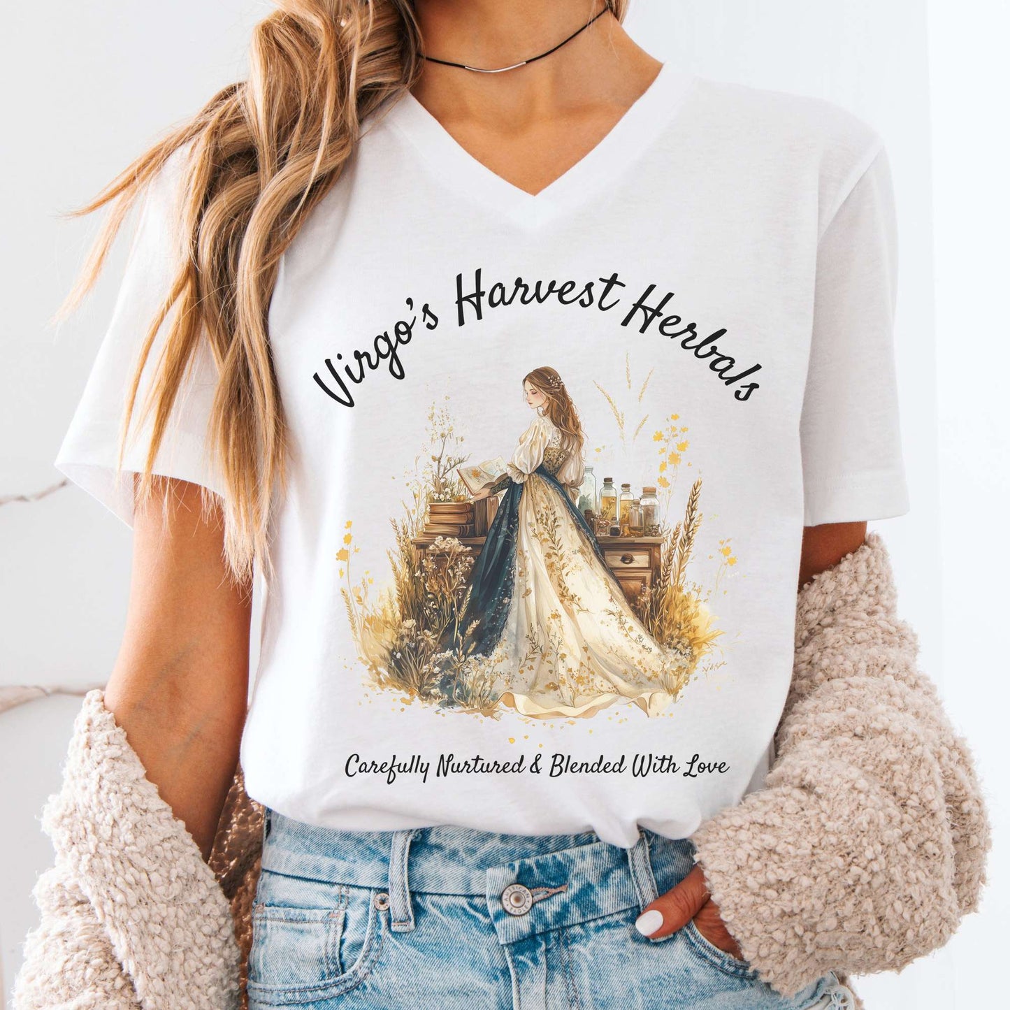 V-neck White / S Virgo's Harvest Herbals Zodiac V-Neck Tee The Mystic Eden