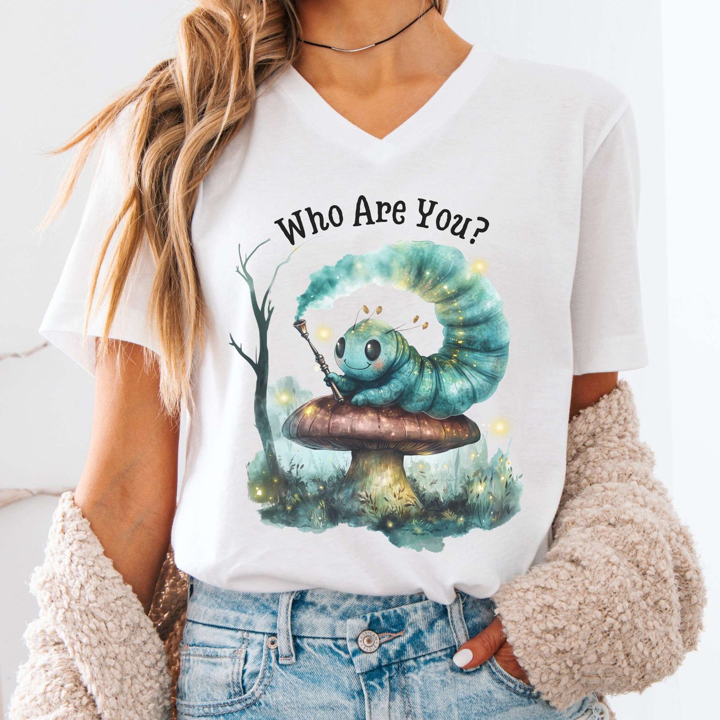 V-neck White / S Who Are You? Caterpillar Alice's Adventures in Wonderland V-Neck Tee The Mystic Eden
