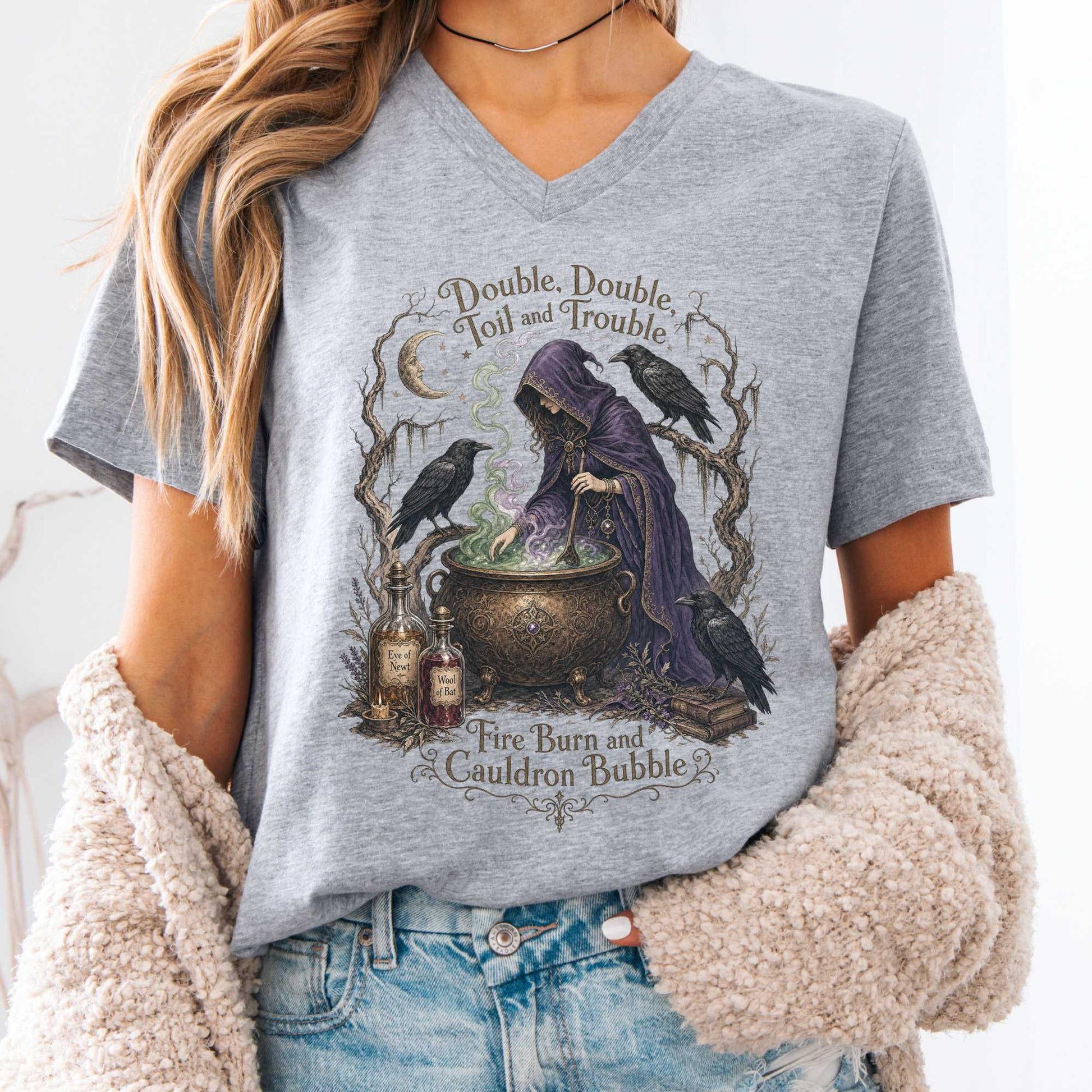 V-neck Athletic Heather / S Double Double Toil and Trouble Macbeth Witch Shakespeare V-Neck The Mystic Eden