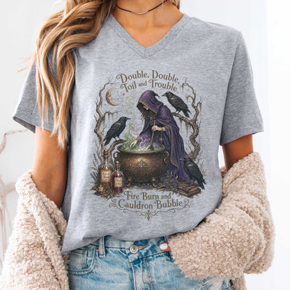 V-neck Athletic Heather / S Double Double Toil and Trouble Macbeth Witch Shakespeare V-Neck The Mystic Eden