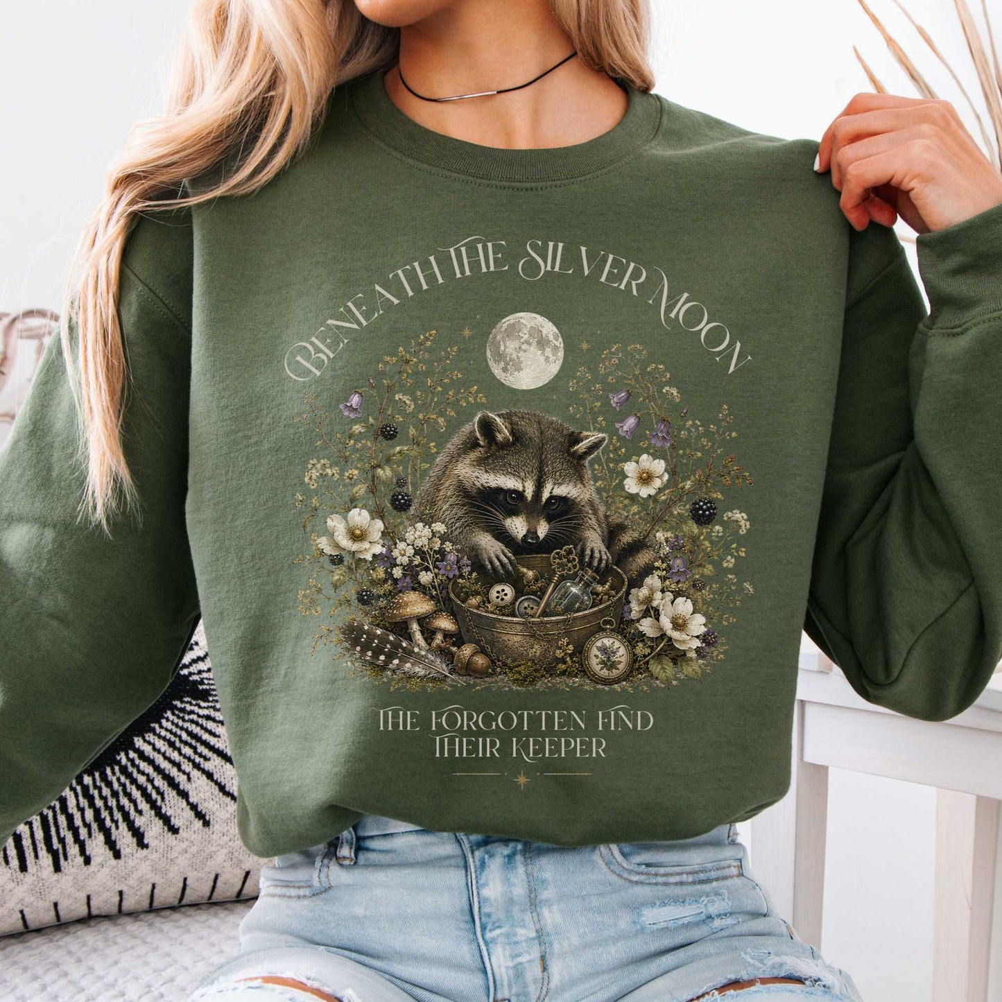 Sweatshirt Military Green / S Beneath the Silver Moon Raccoon Crewneck Sweatshirt The Mystic Eden