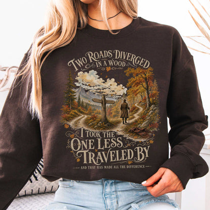 Sweatshirt Dark Chocolate / S The Road Not Taken Robert Frost Literary Crewneck Sweatshirt The Mystic Eden